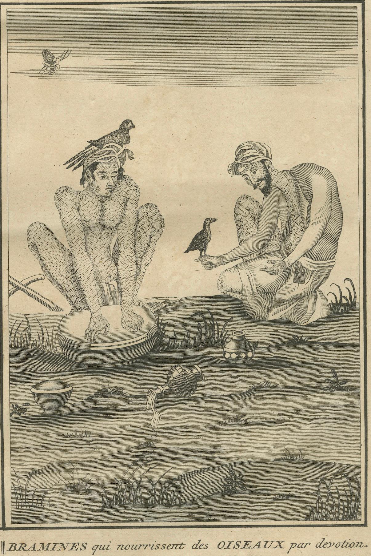 Ascetas indios y rituales de devoción - Dar de comer a los pájaros y actos de penitencia, 1734 en Bueno estado para la venta en Langweer, NL