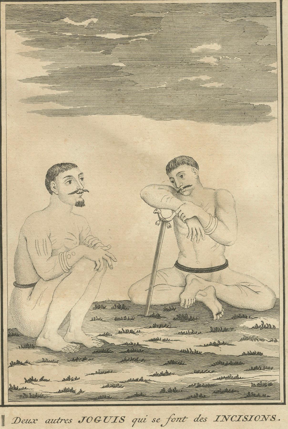 Ascetas indios y rituales de devoción - Dar de comer a los pájaros y actos de penitencia, 1734 Papel en venta
