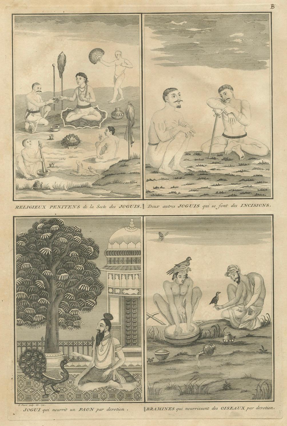 Ascetas indios y rituales de devoción - Dar de comer a los pájaros y actos de penitencia, 1734 en venta 2