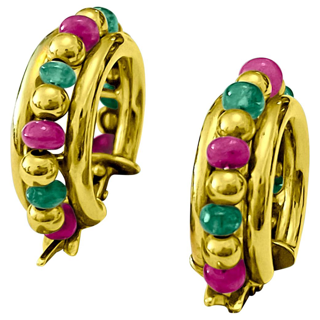 Indian Bead Ruby Emerald 18 Karat Yellow Gold Hoop Earrings For Sale
