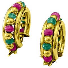 Indian Bead Ruby Emerald 18 Karat Yellow Gold Hoop Earrings