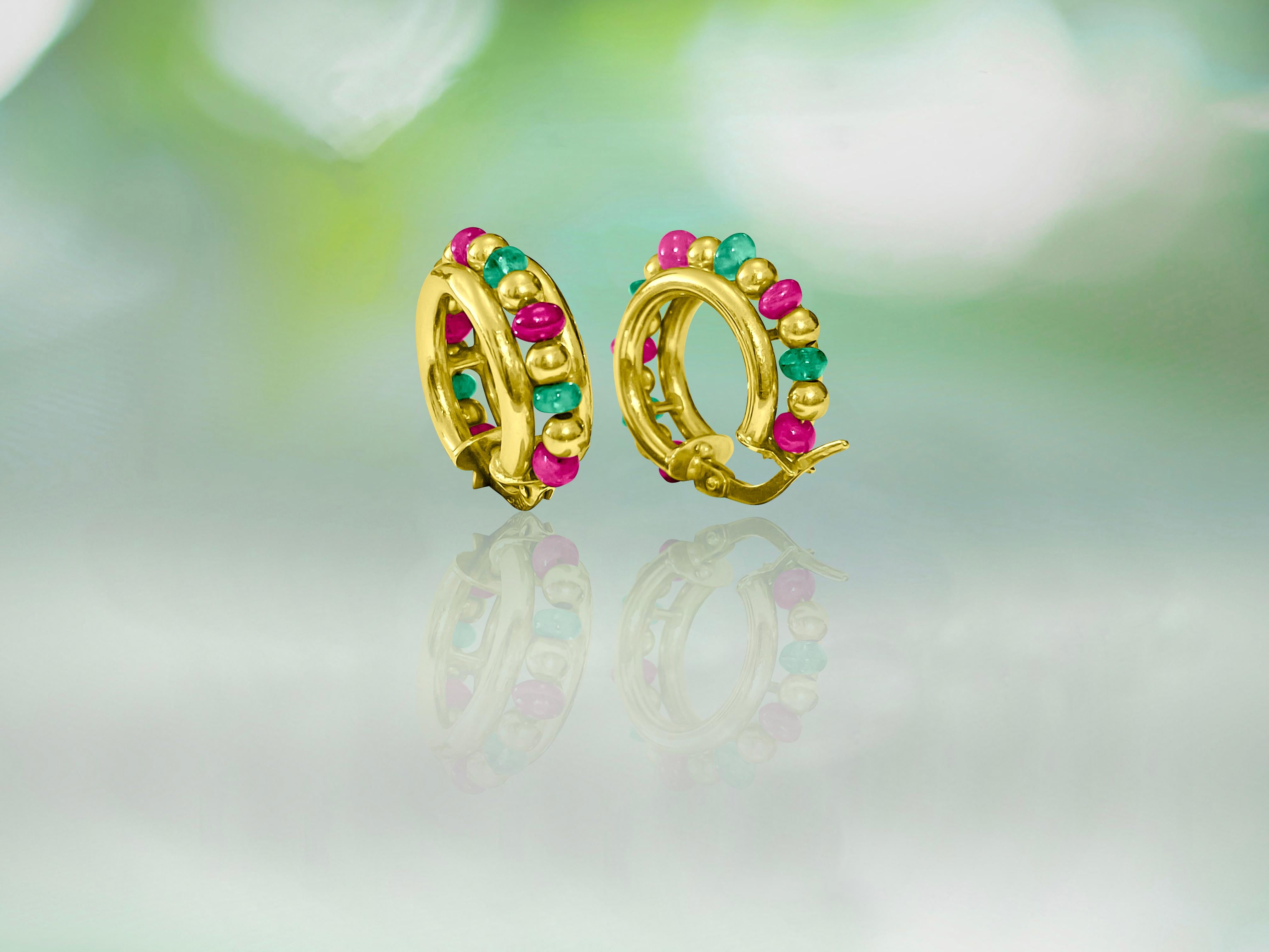 Metal: 18k yellow gold.

Bead ruby and emerald gemstones. 100% natural earth mined gemstones. 

Beautiful hoop gold, emerald, ruby earrings for her. Vintage Indian style gemstone earrings. 

