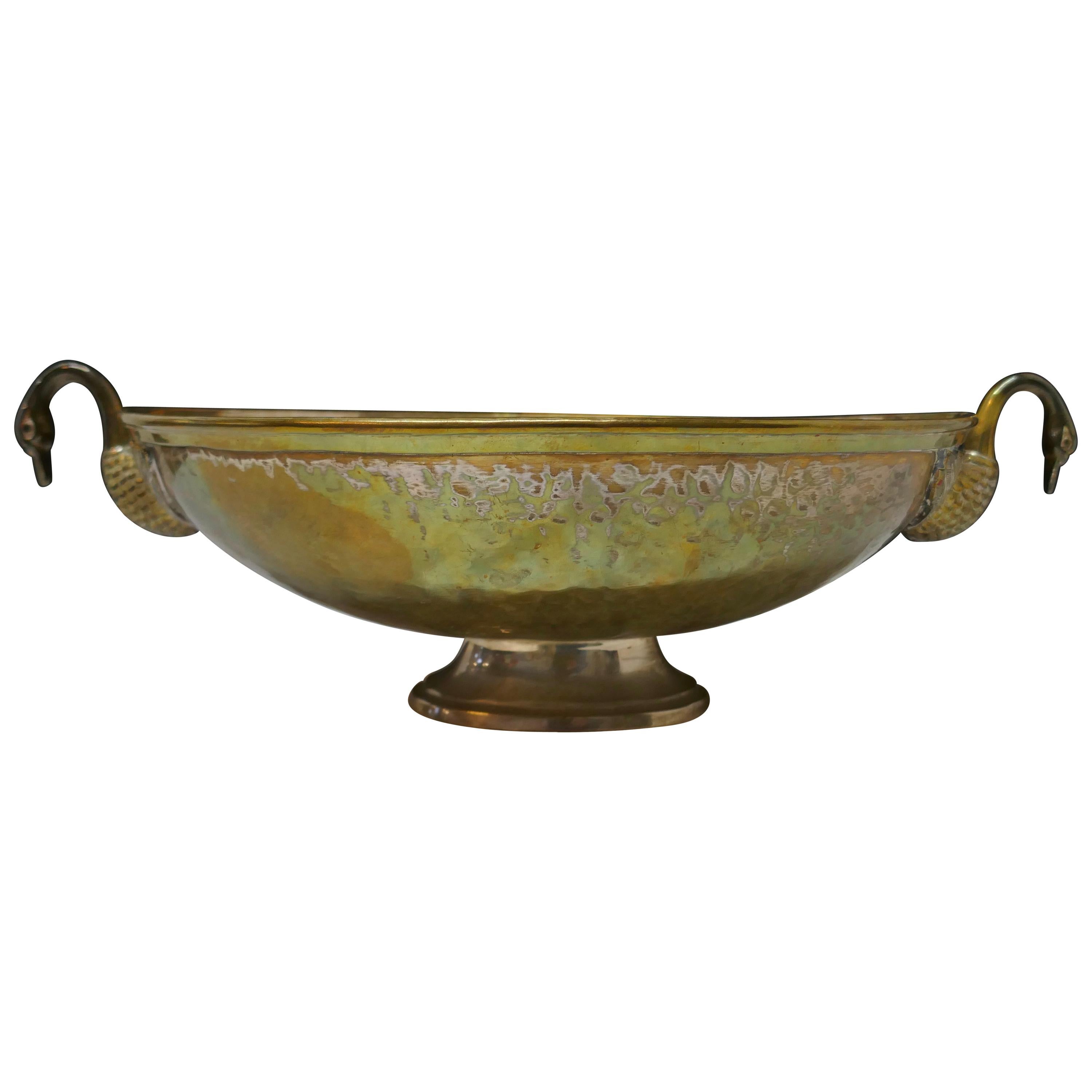 Indian Beaten Brass Oval Dish with Swan Handles