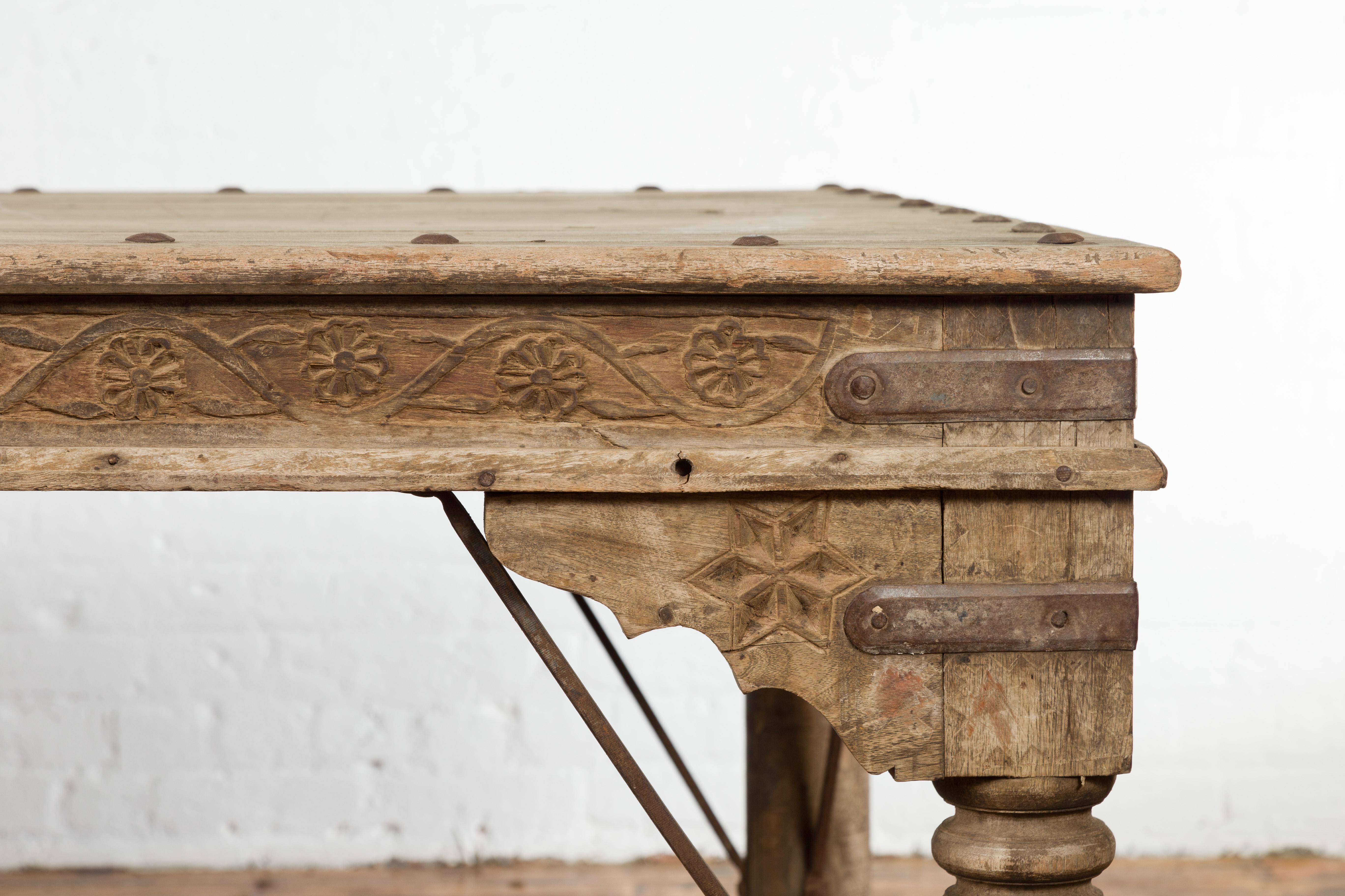 19th Century Indian Bleached Sheesham Wood and Iron Courtyard Door Made into a Coffee Table For Sale