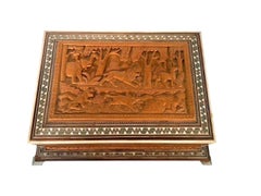 Indian "Bombay" Box w/Sadeli Work Framing Carved Panels and Raised on Metal Feet