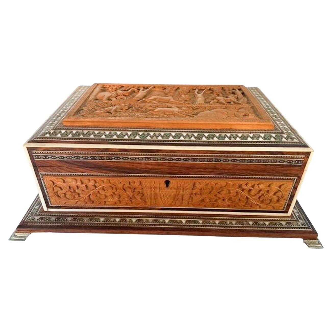 Indian "Bombay" Box w/Sadeli Work Framing Carved Panels and Raised on Metal Feet For Sale