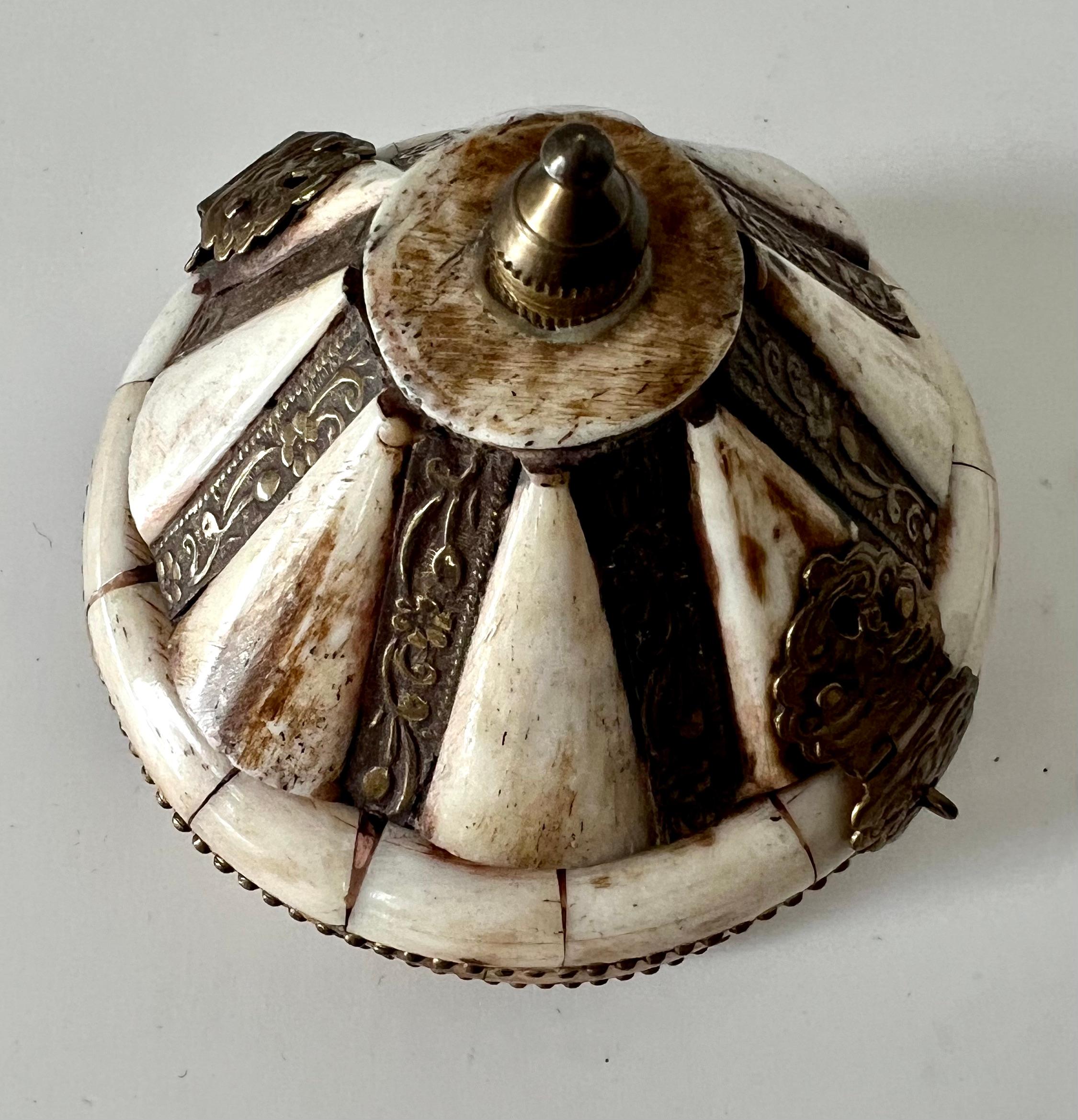 20th Century Indian Bone and Brass Decorative Dome Shaped Box or Stash Box For Sale