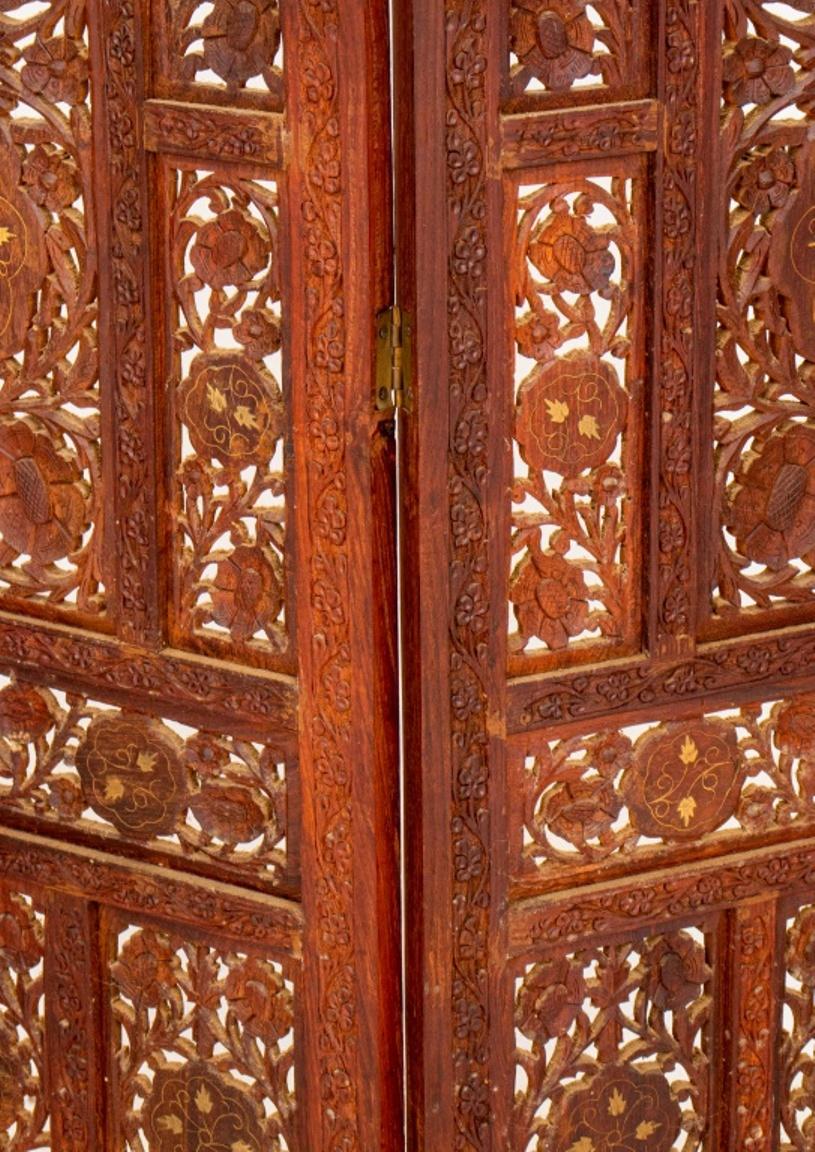 Anglo-Indian Indian Bone Inlaid Teakwood Four Panel Screen