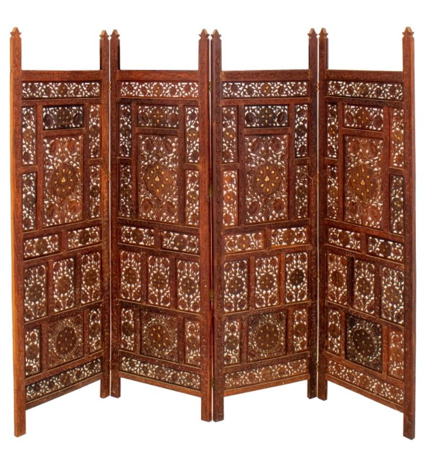 Hand-Carved Indian Bone Inlaid Teakwood Four Panel Screen