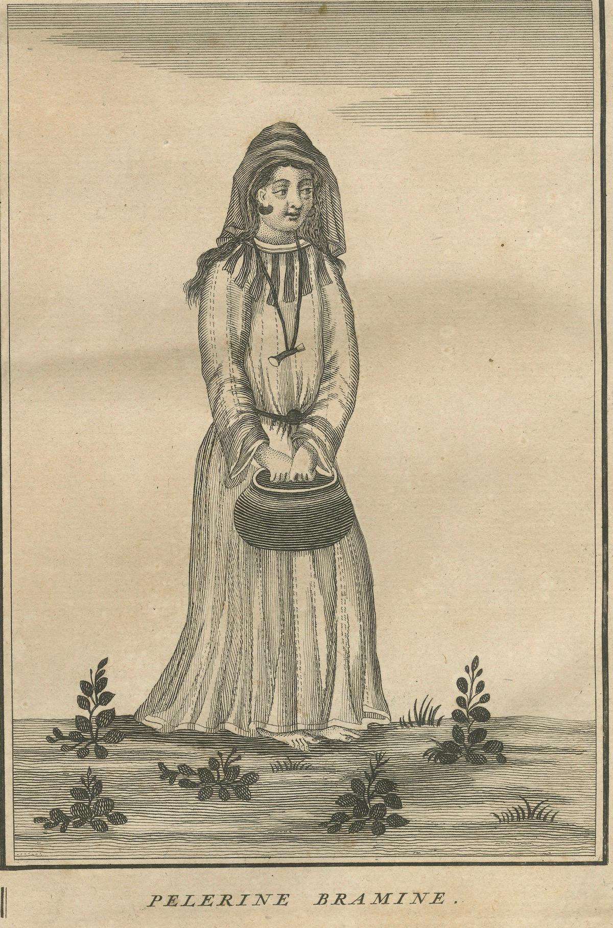 Indische Brahmin Büßer und Pilger - seltener Ritualstich aus dem 18. Jahrhundert, 1734 (Graviert) im Angebot