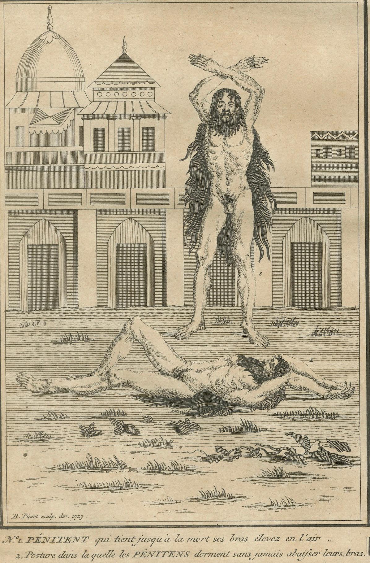 Indische Brahmin Büßer und Pilger - seltener Ritualstich aus dem 18. Jahrhundert, 1734 im Zustand „Gut“ im Angebot in Langweer, NL