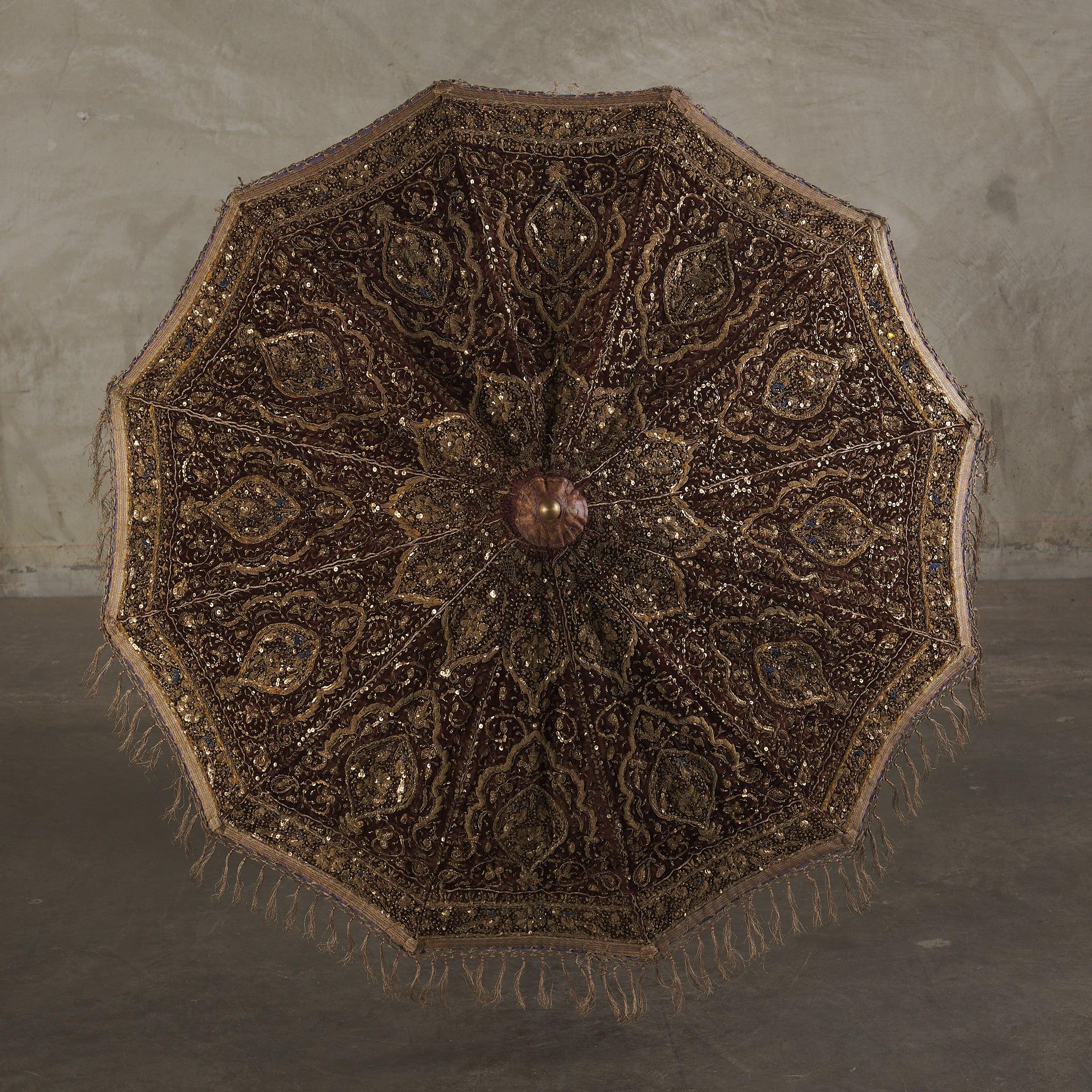 British Colonial Indian Brass and Silver Embroidered Velvet Wedding Parasol on Stand For Sale