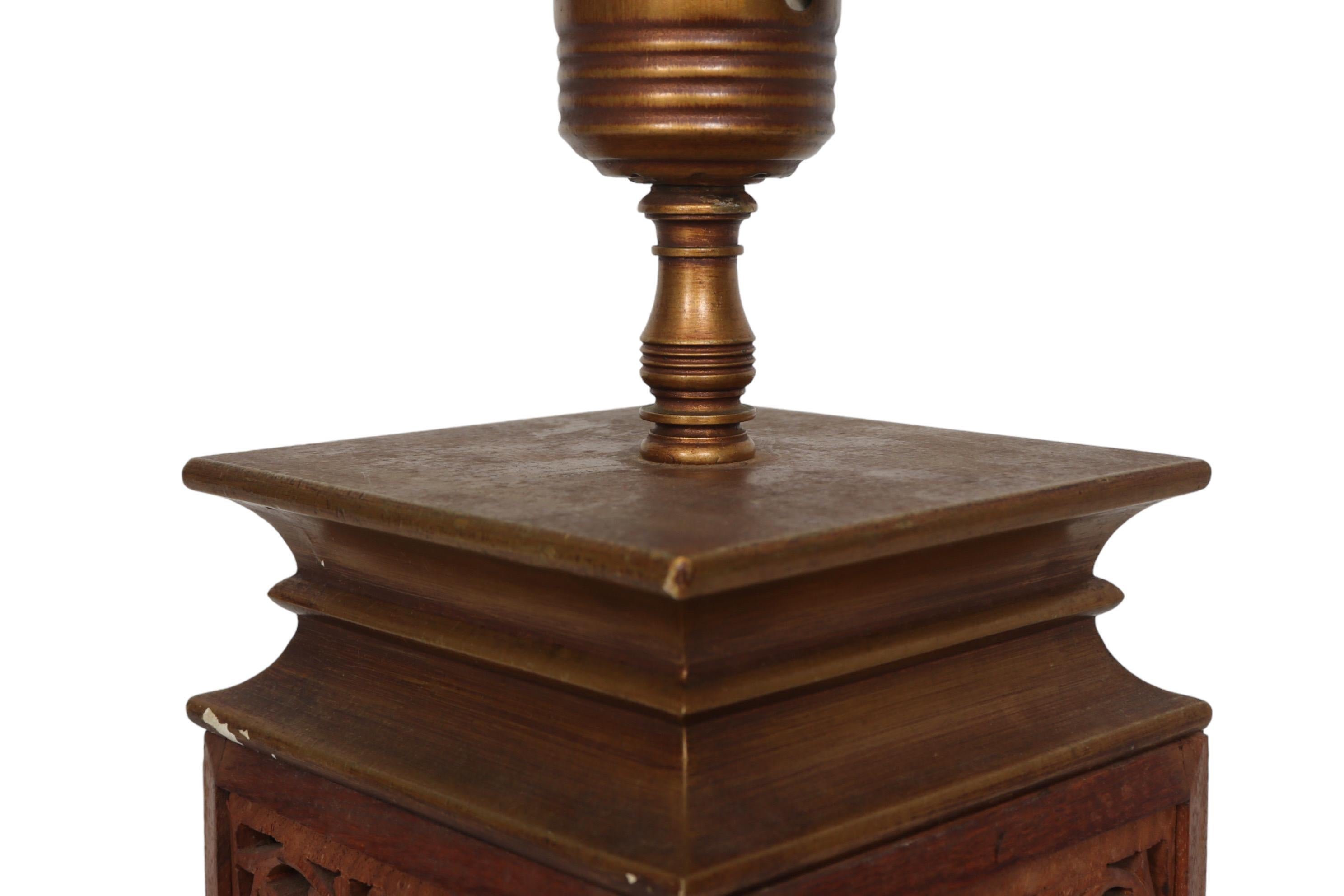 Indian Brass Inlaid Carved Wooden Lamp In Good Condition For Sale In Bradenton, FL