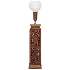 Vintage Indian Brass Inlaid Carved Wooden Lamp