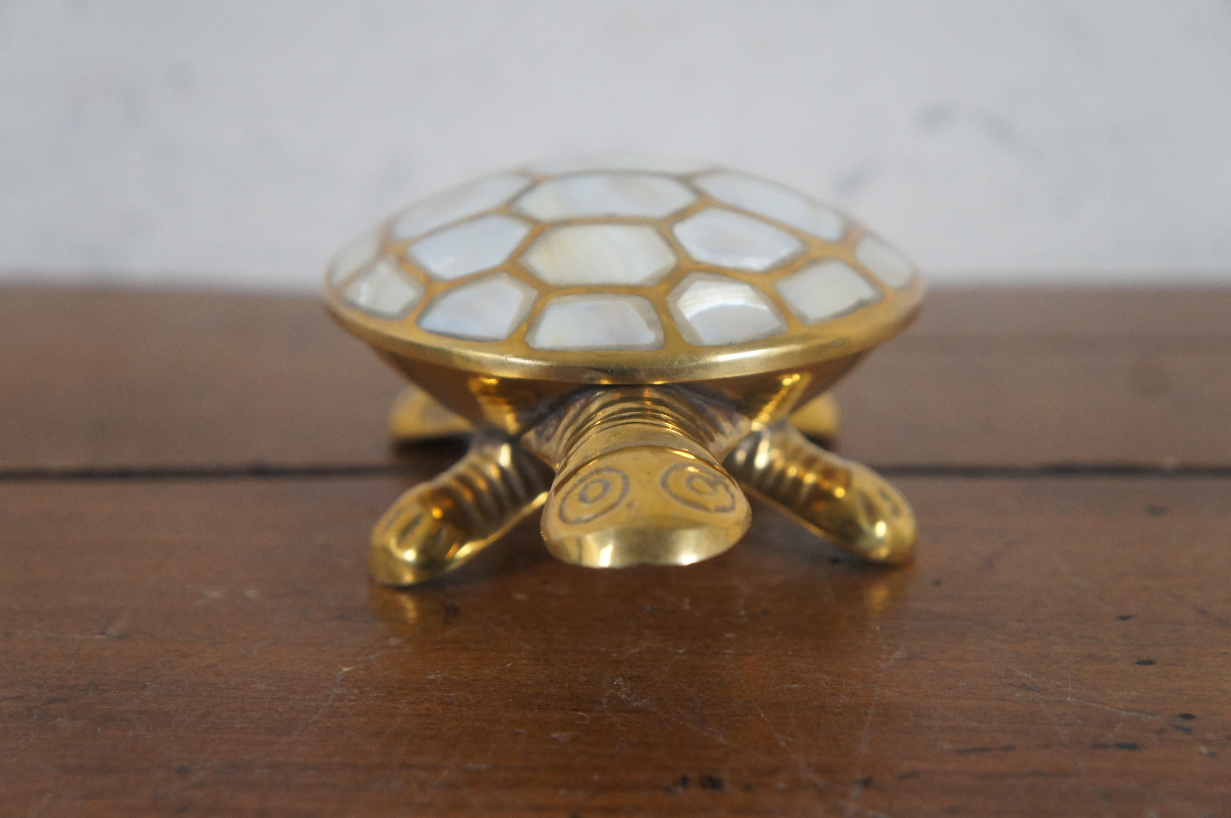 Indian Brass & Mother of Pearl Turtle Tortoise Hinged Shell Trinket Box 6