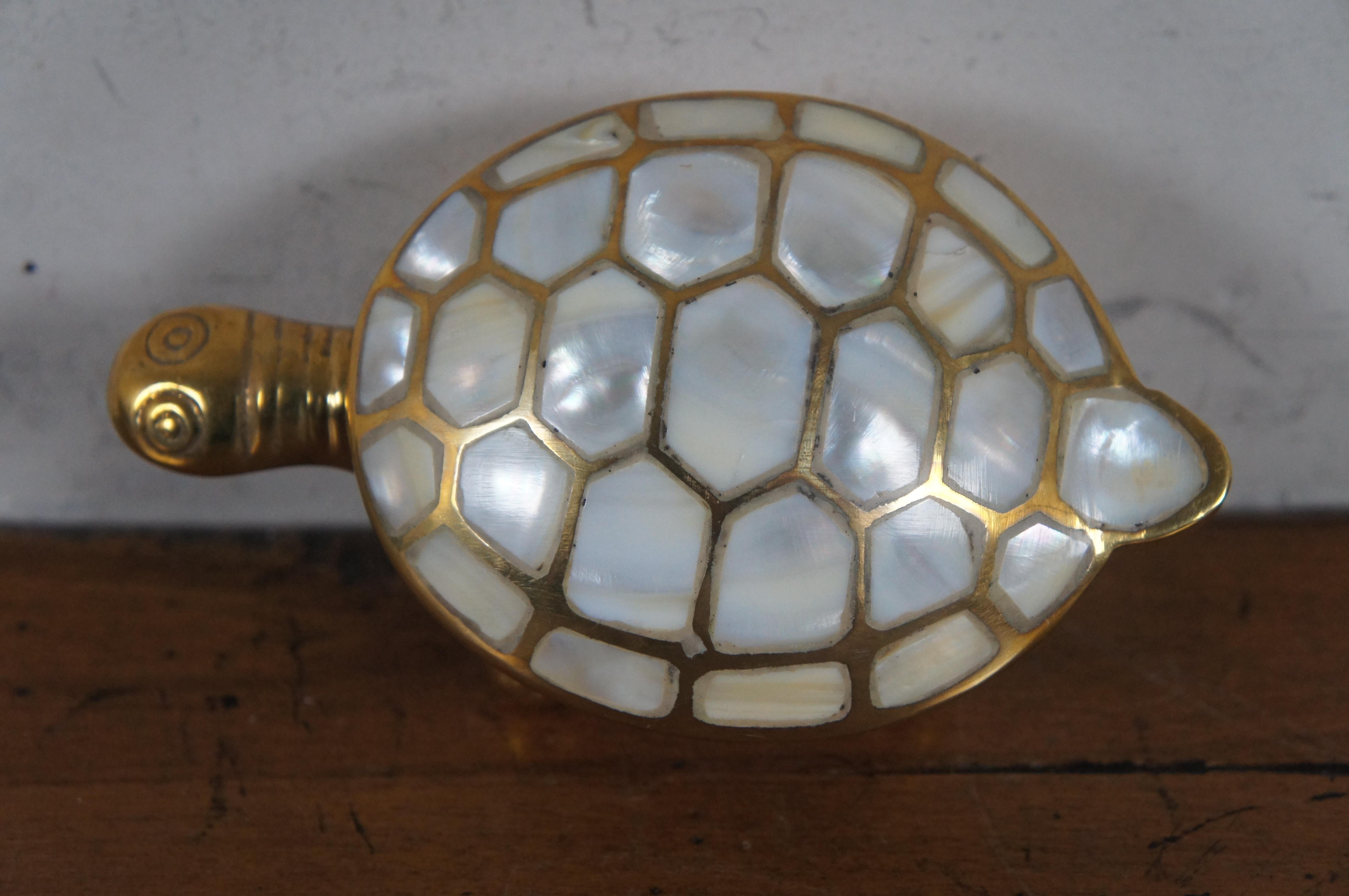20th Century Indian Brass & Mother of Pearl Turtle Tortoise Hinged Shell Trinket Box 6