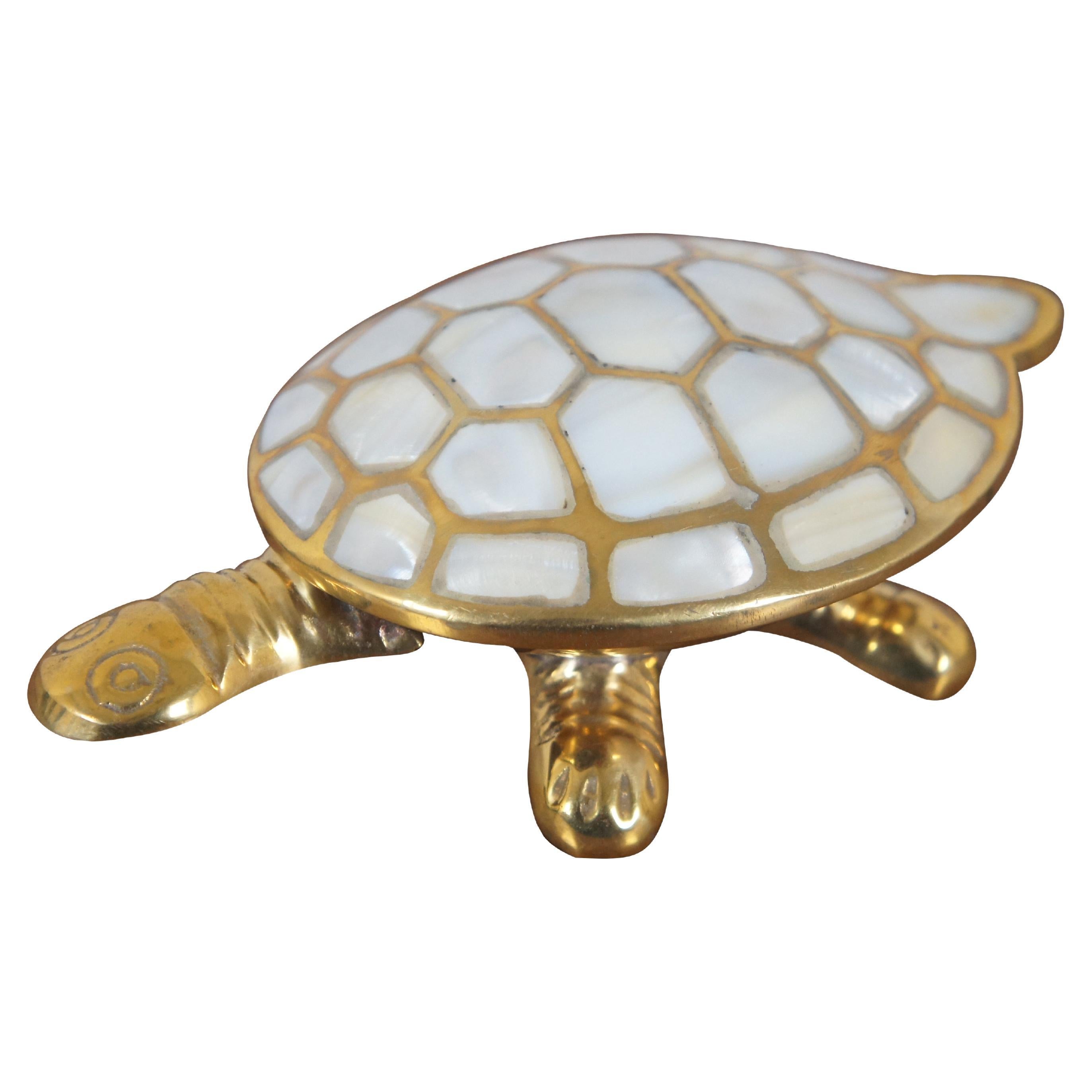 Indian Brass & Mother of Pearl Turtle Tortoise Hinged Shell Trinket Box 6"
