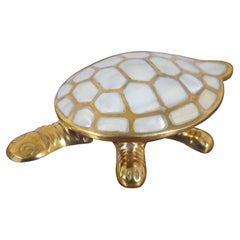 Antique Indian Brass & Mother of Pearl Turtle Tortoise Hinged Shell Trinket Box 6"
