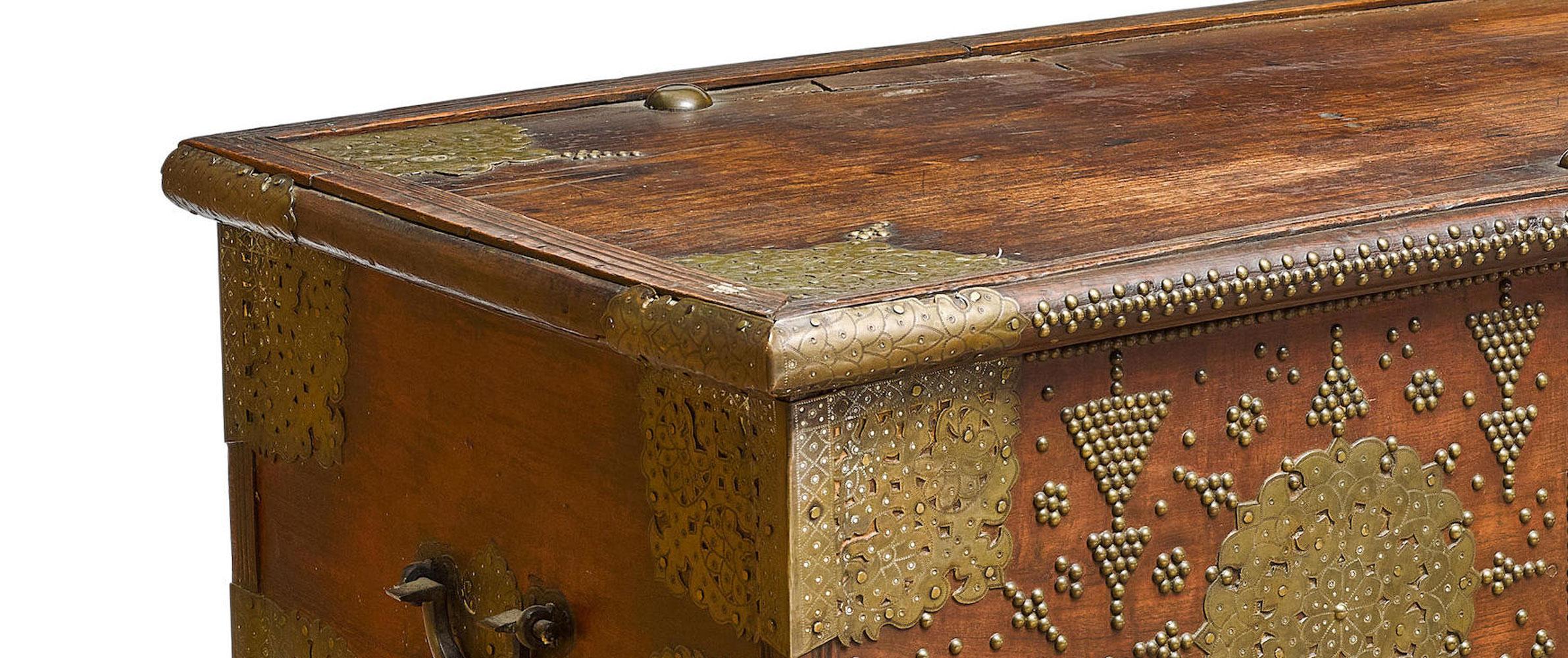 Hand-Carved Indian Brass Mounted Stained Hardwood Box, India, Circa 1850 For Sale