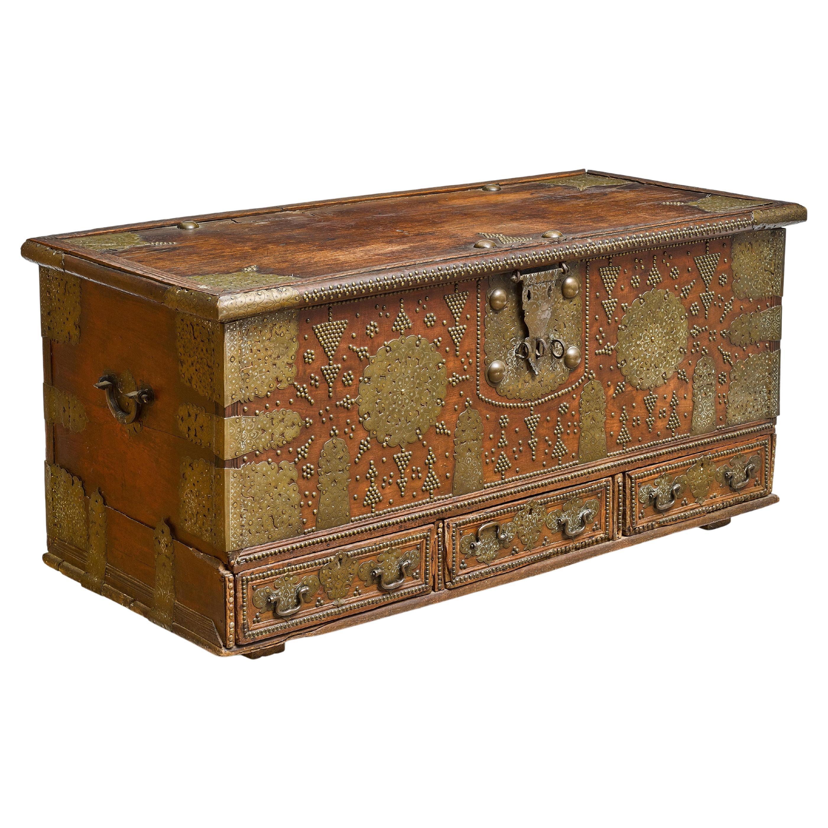 Indian Brass Mounted Stained Hardwood Box, India, Circa 1850 For Sale
