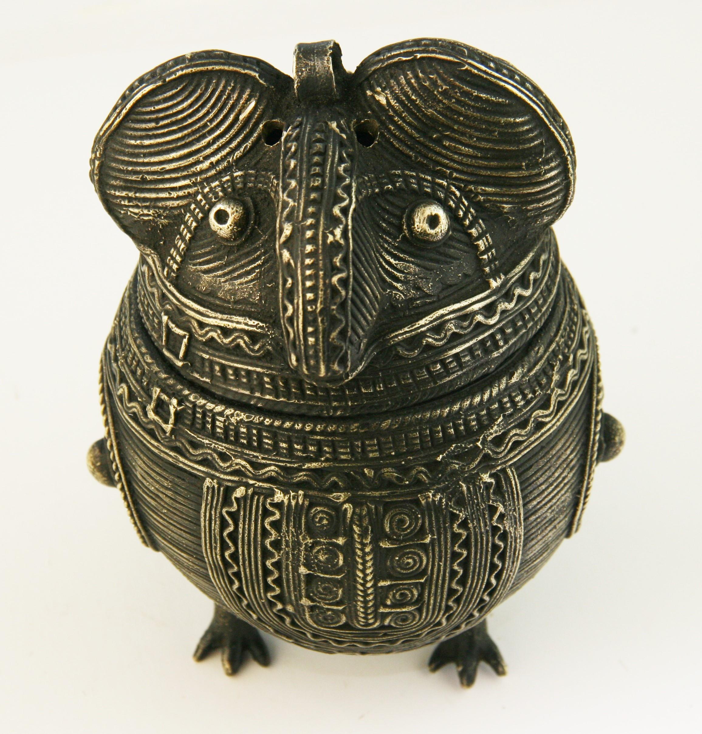 3-830 Hand crafted brass owl lidded box/incense burner.
 