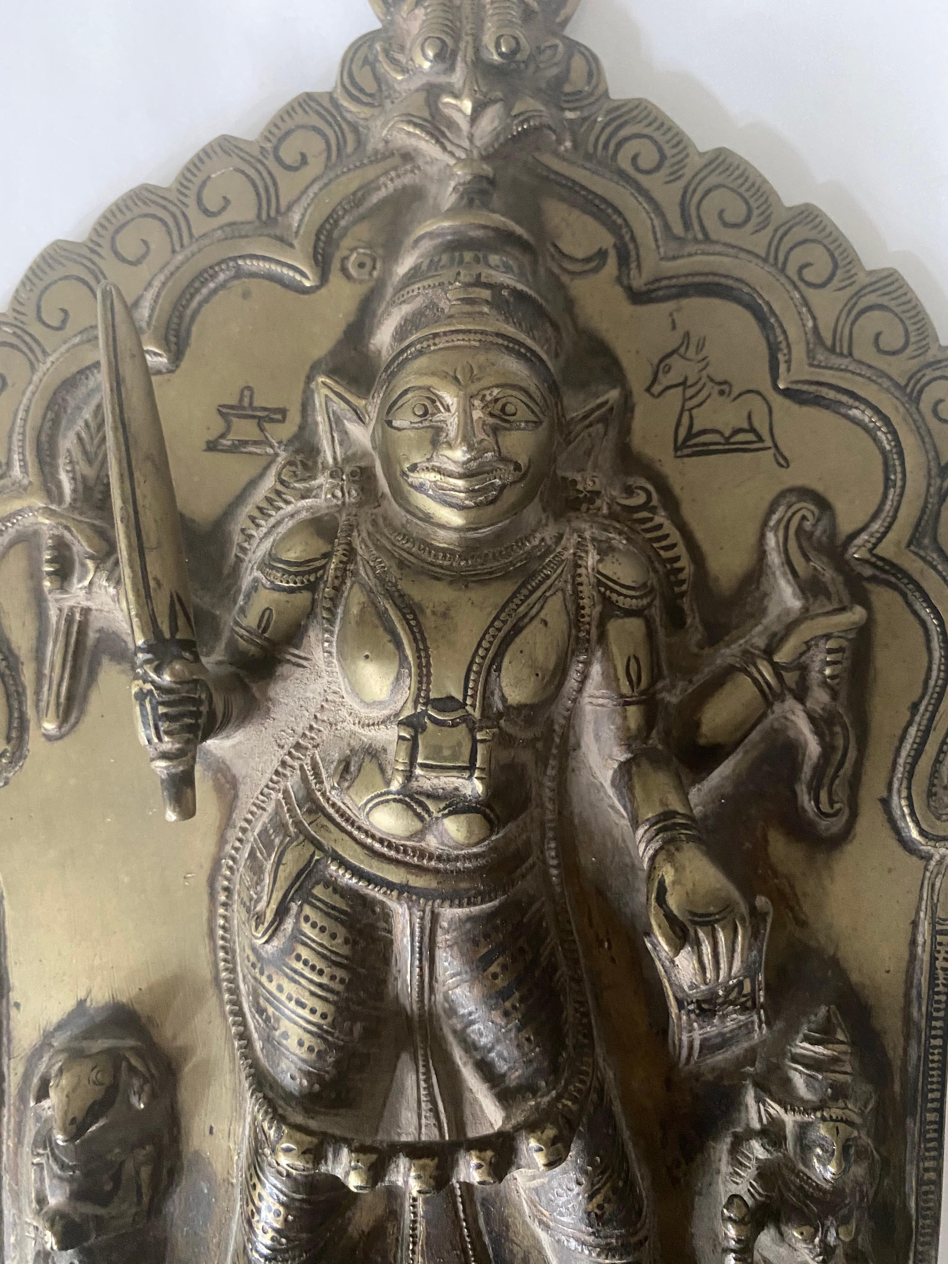 Indian Brass Plaque of Shiva as 4-Armed Virabhadra, 18th-19th Century In Good Condition For Sale In Kensington, MD