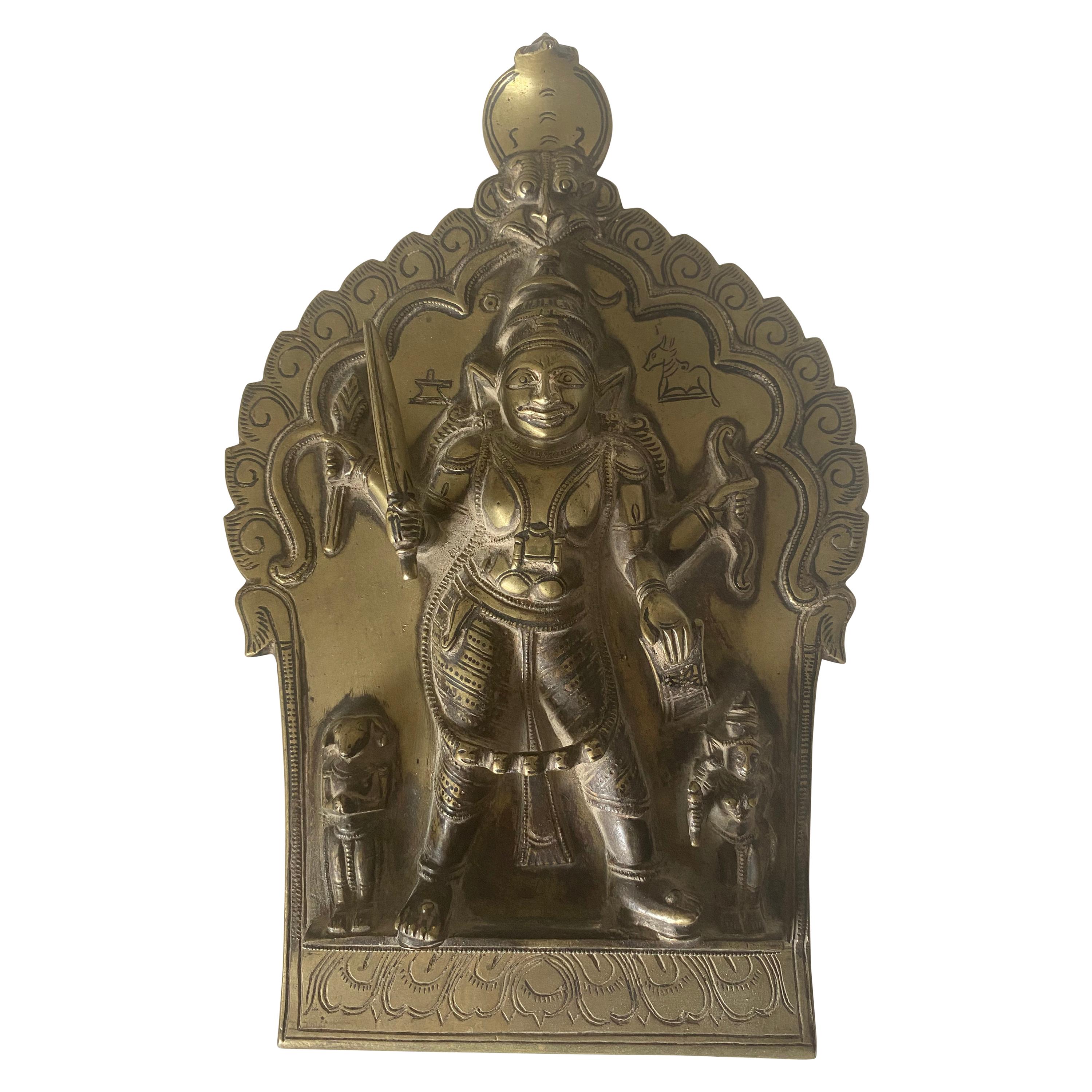 Indian Brass Plaque of Shiva as 4-Armed Virabhadra, 18th-19th Century