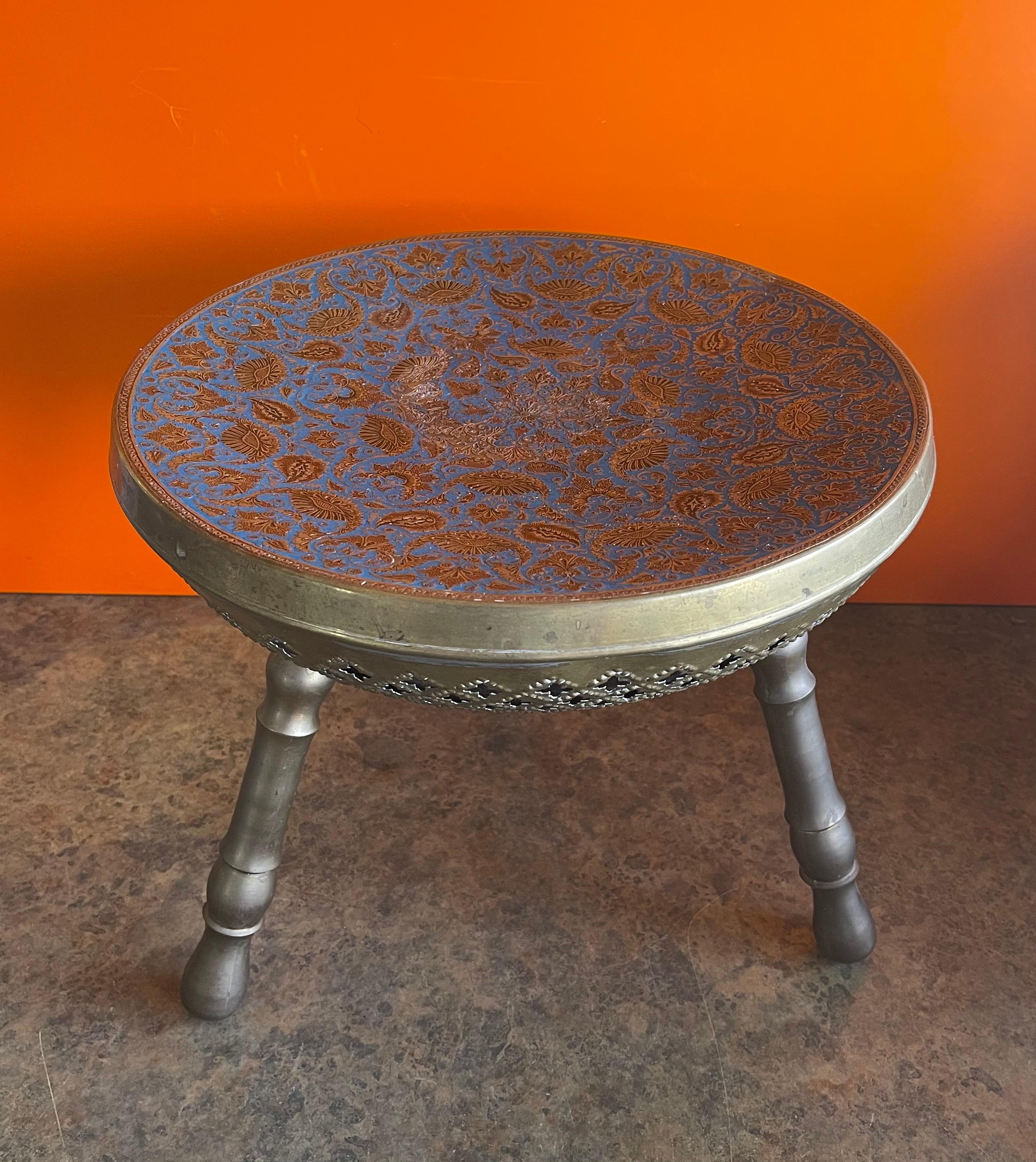 Indian Brass Three Legged Foot Stool In Good Condition For Sale In San Diego, CA