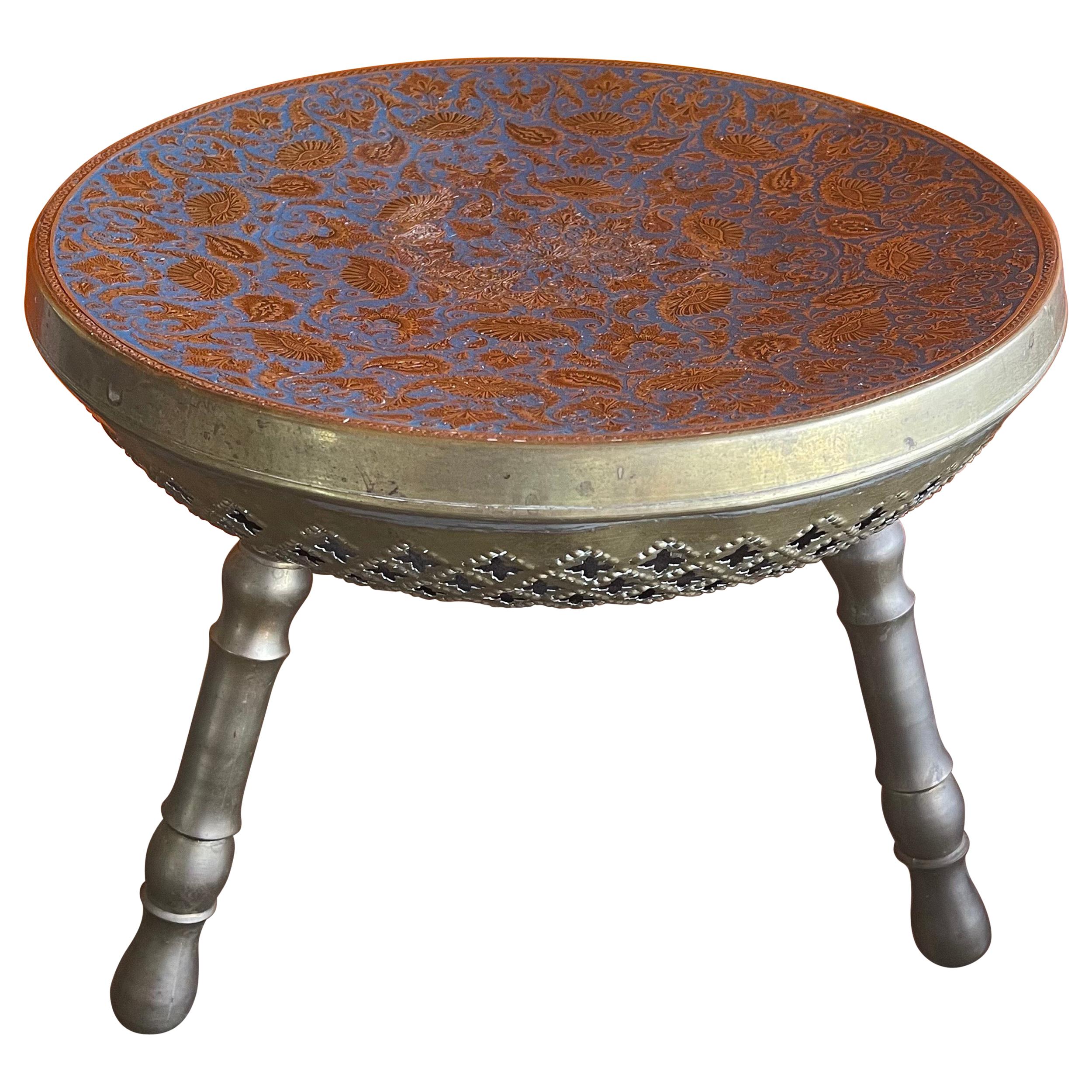 Indian Brass Three Legged Foot Stool For Sale