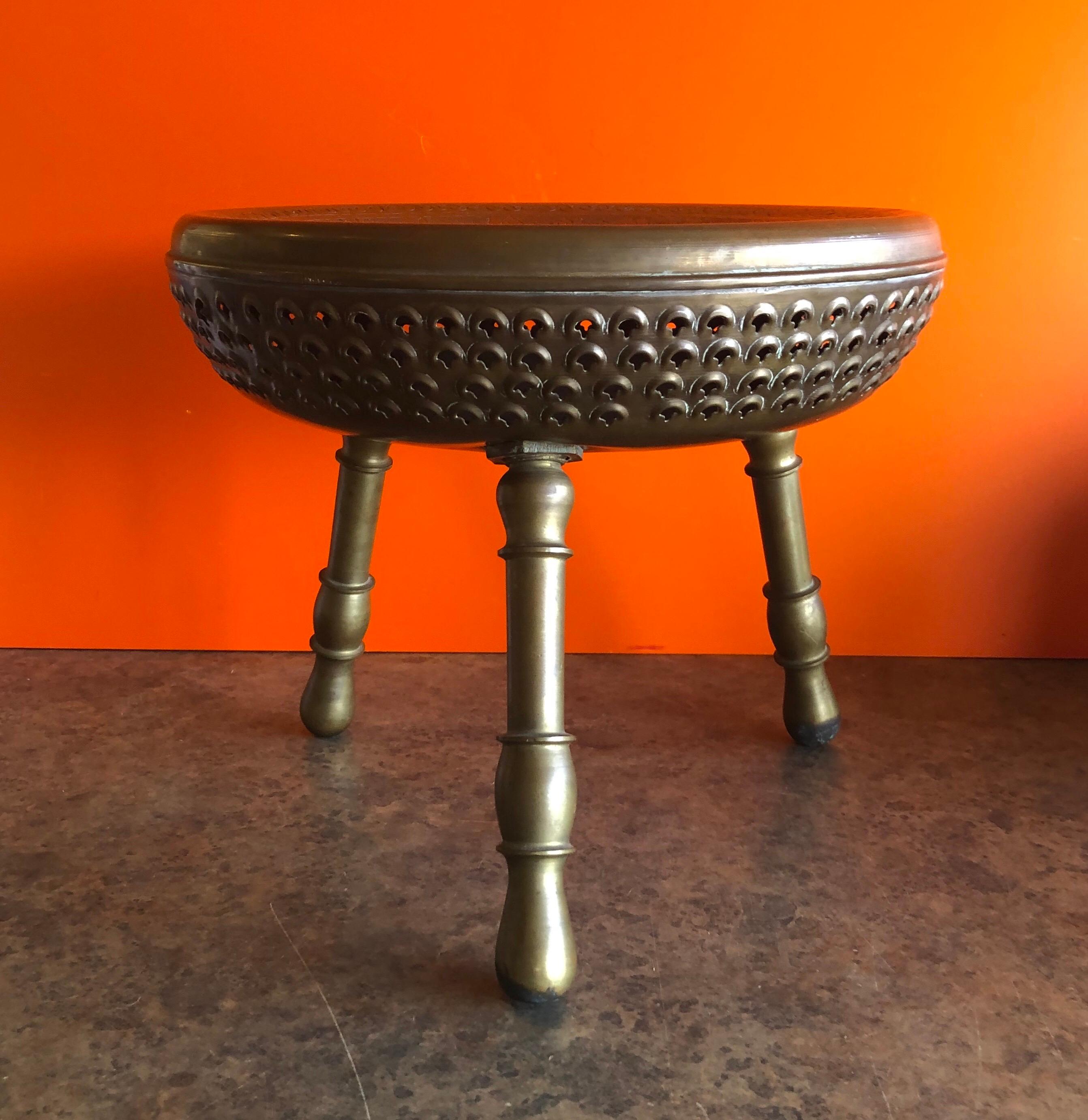 Indian Brass Three Legged Foot Warmer / Stool In Good Condition In San Diego, CA