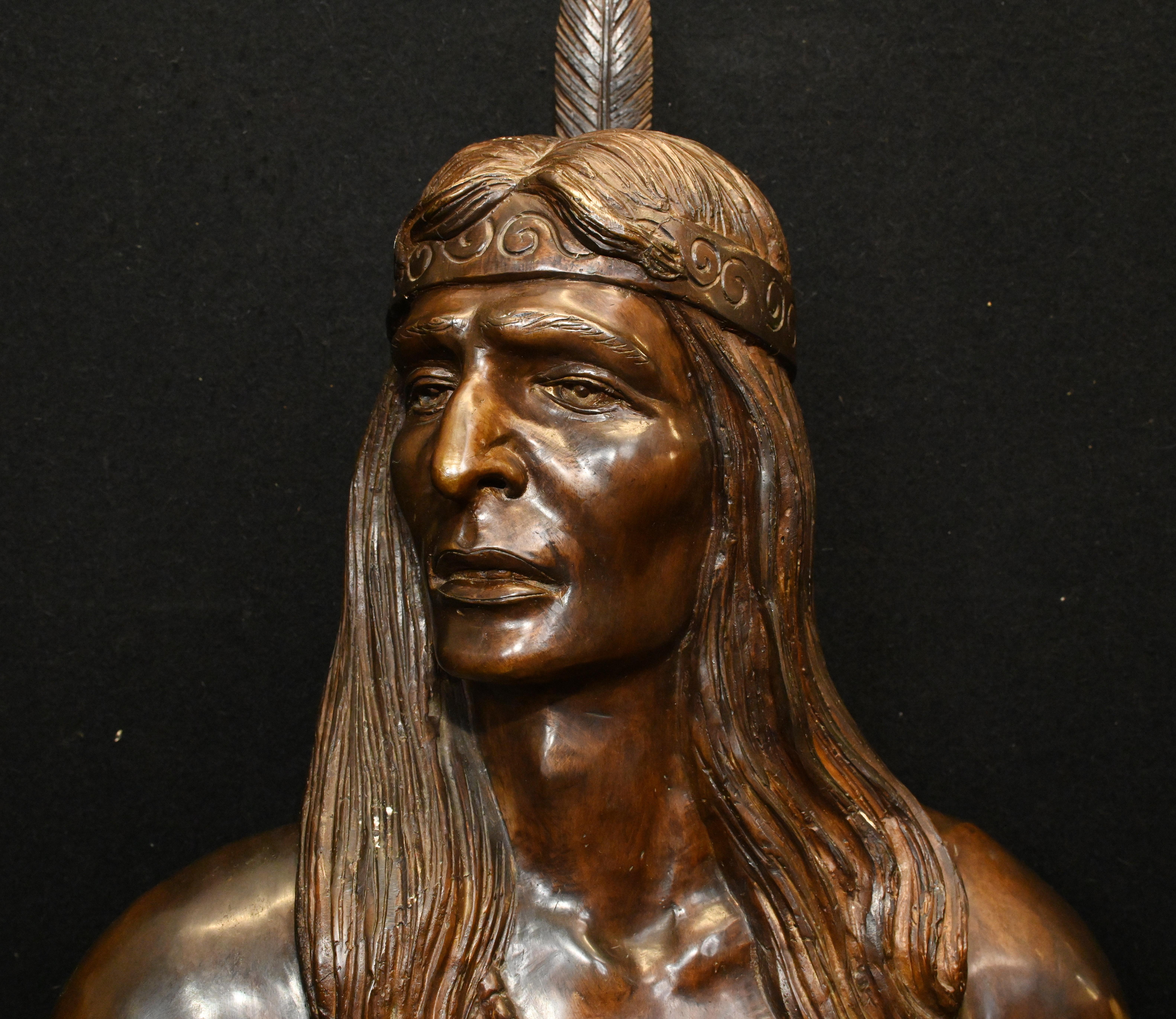 Indian Brave Bronze Statue Frederic Remington 3/4 Lifesize Native American Casti For Sale 7
