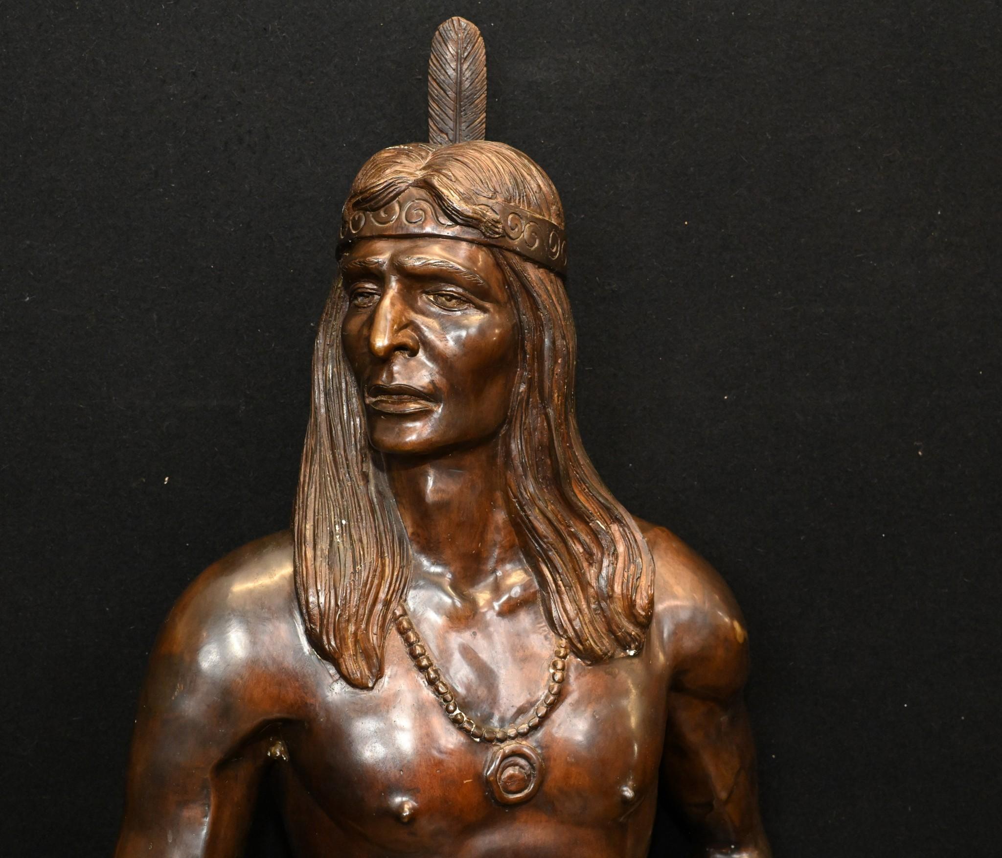 Late 20th Century Indian Brave Bronze Statue Frederic Remington 3/4 Lifesize Native American Casti