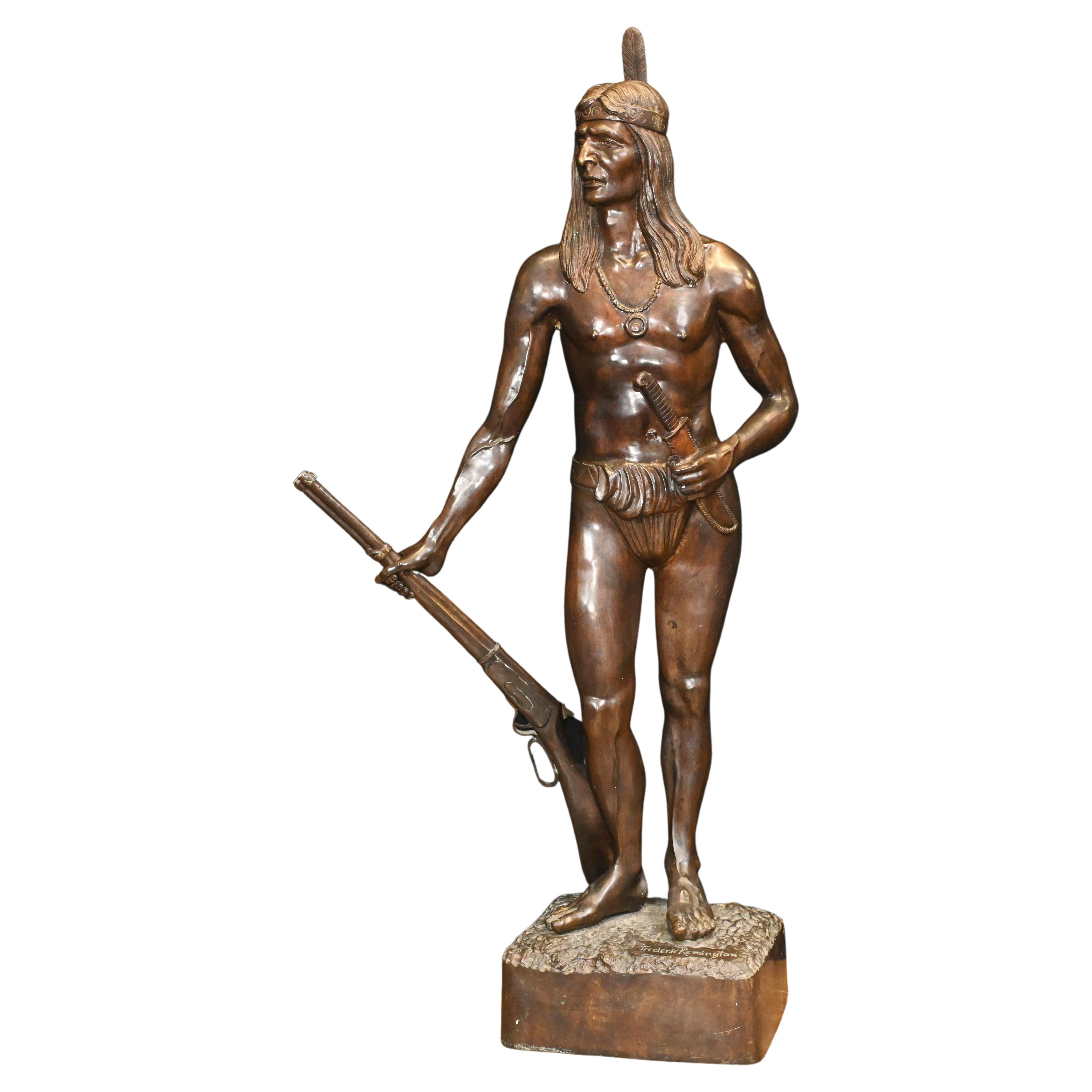 Indian Brave Bronze Statue Frederic Remington 3/4 Lifesize Native American Casti For Sale