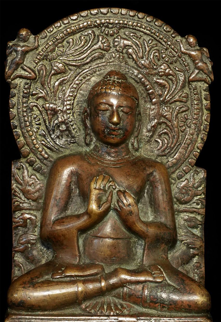 Very beautiful Indian bronze Buddha in a classic form that goes back a thousand years, this one is t least 18/19th, and likely earlier. 6.25 inches tall, height on custom stand is 8.25 inches. Good casting. - 7605.