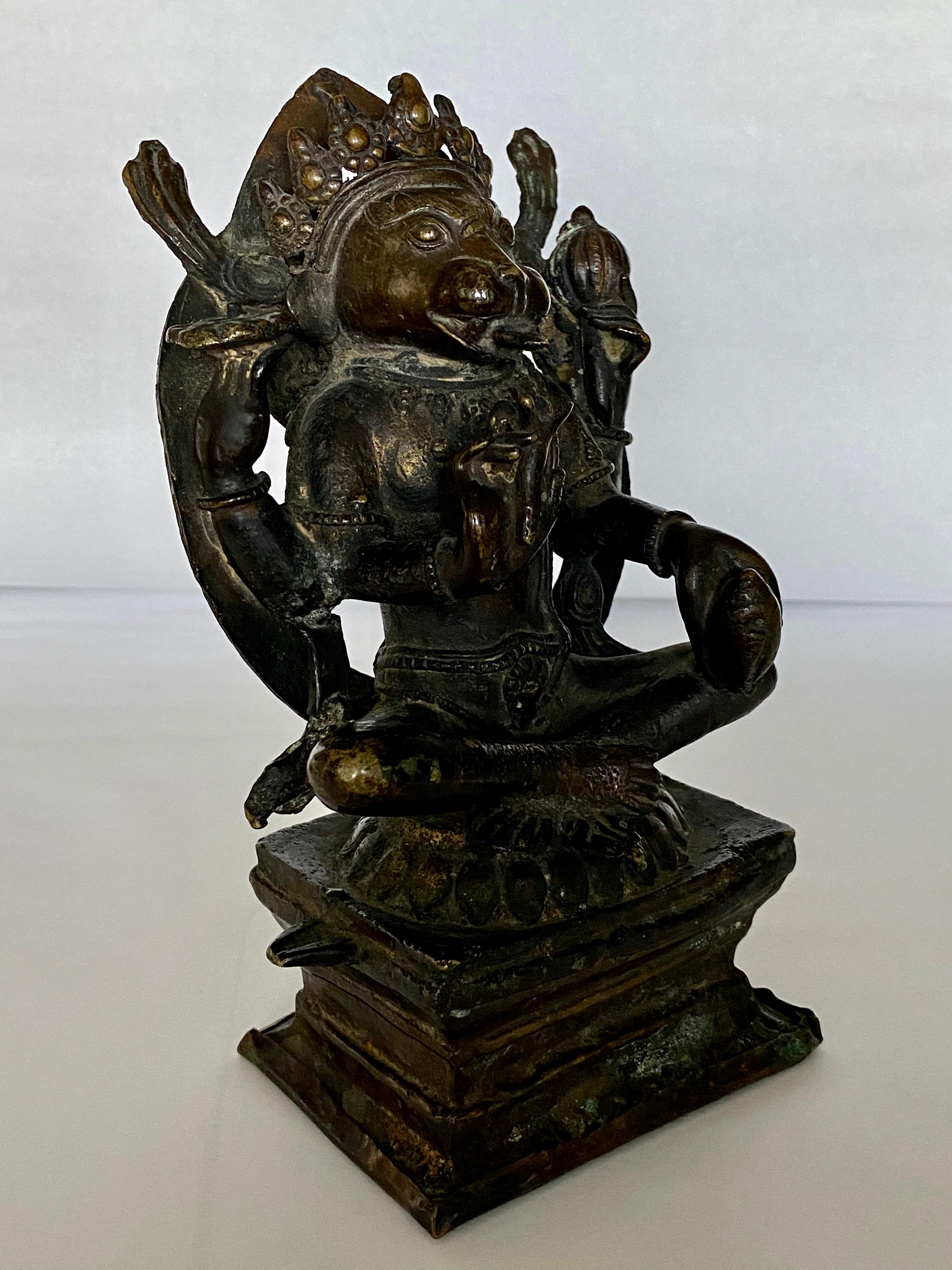 Tribal Indian Bronze Figure of Yoga Narasimha, 17th-18th Century For Sale