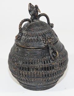 Indian Bronze Metal Incense Burner Lidded Box with Peacock Finial