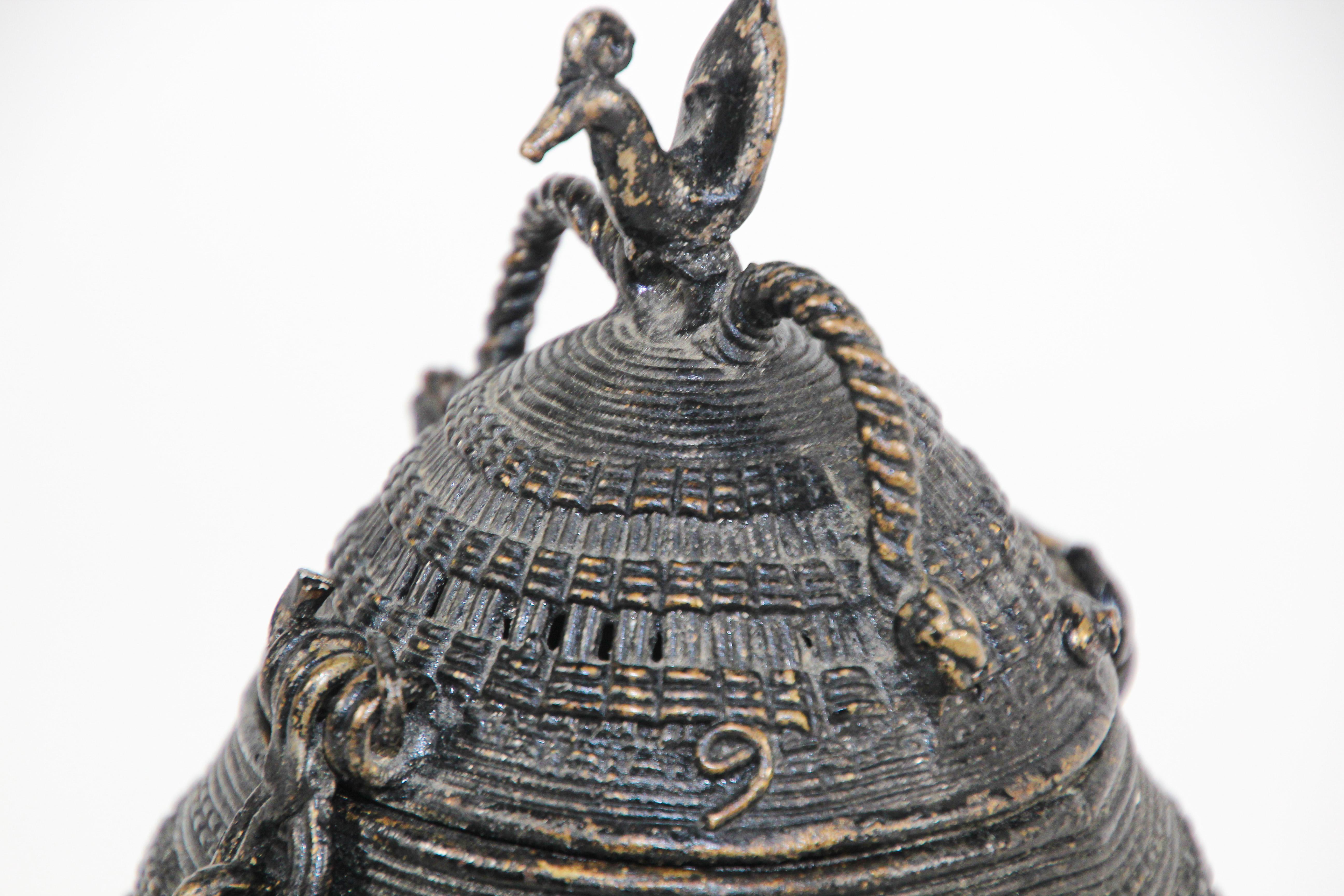 Indian Bronze Metal Incense Burner Lidded Box with Peacock Finial 2