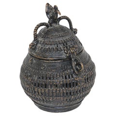 Indian Bronze Metal Incense Burner Lidded Box with Peacock Finial