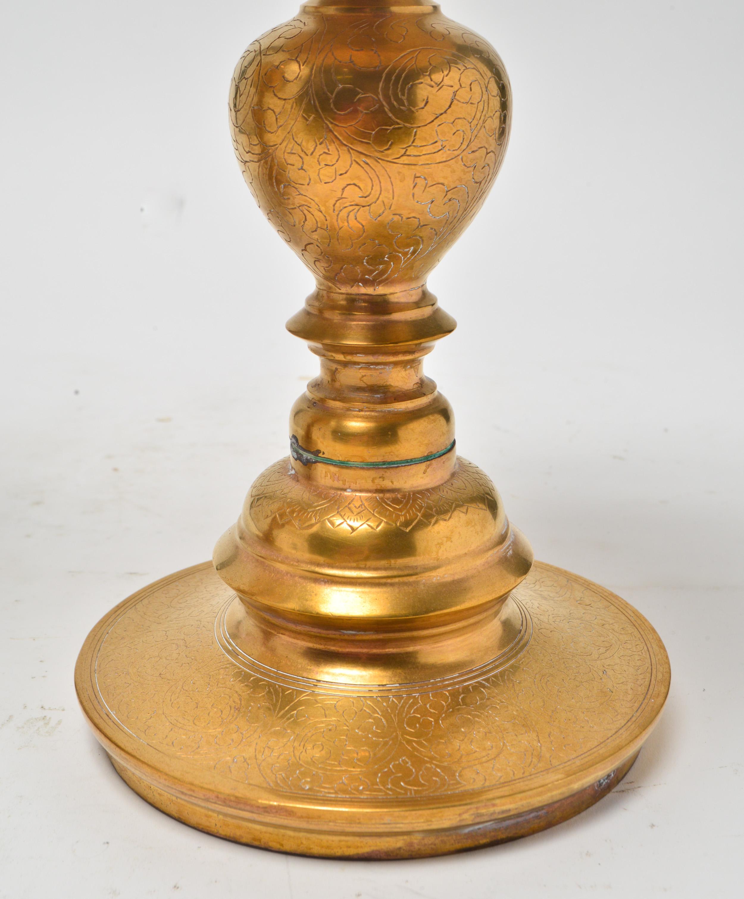 Indian Candlesticks in Engraved Brass In Good Condition In New York, NY