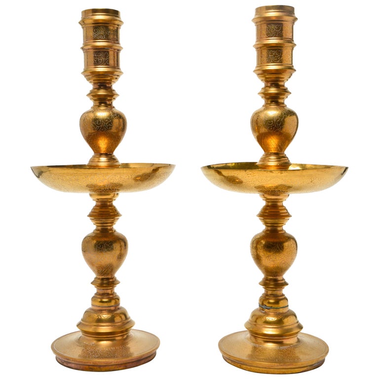Indian Candlesticks in Engraved Brass at 1stdibs