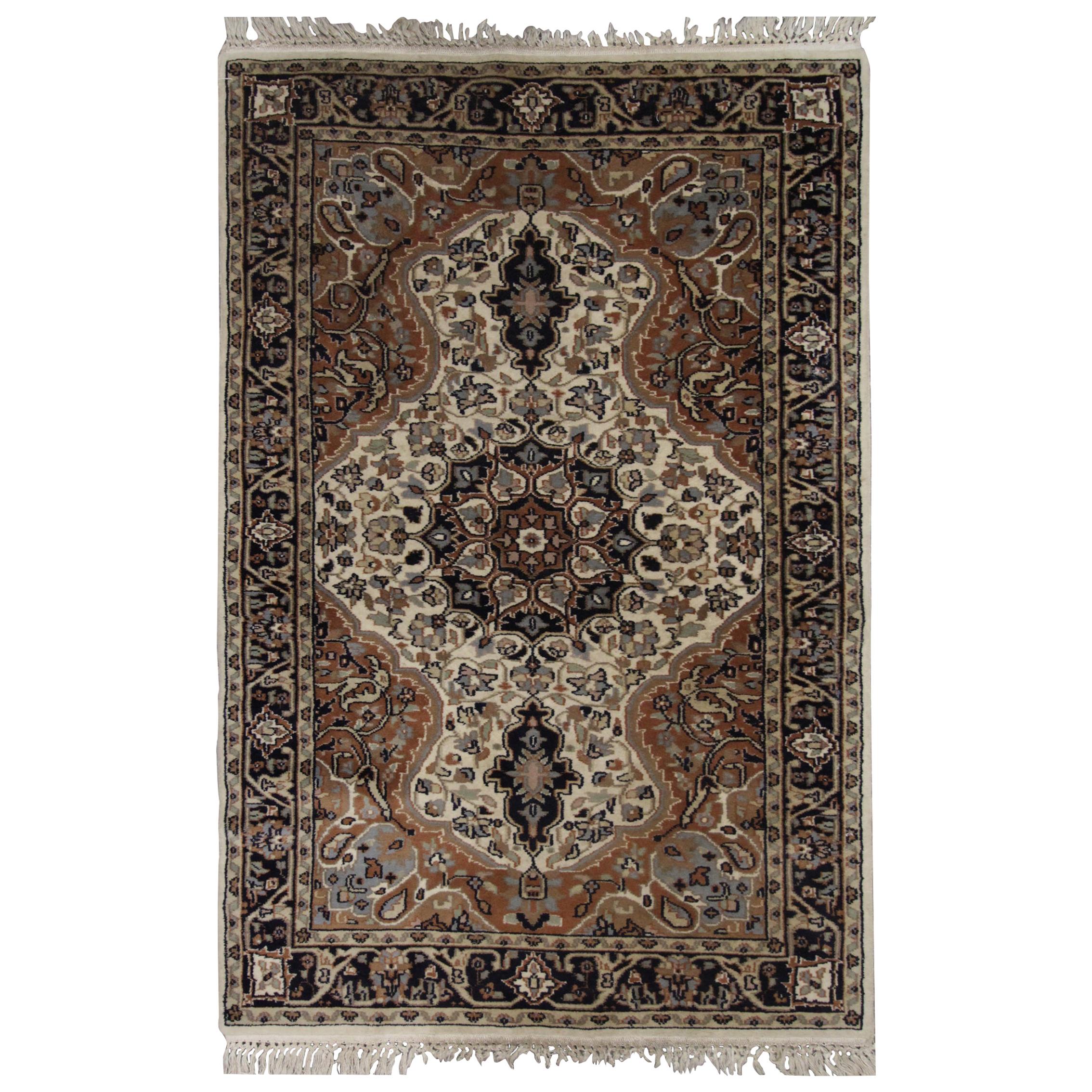 Indian Carpet Floral Handwoven Rug Cream Beige Wool Rug