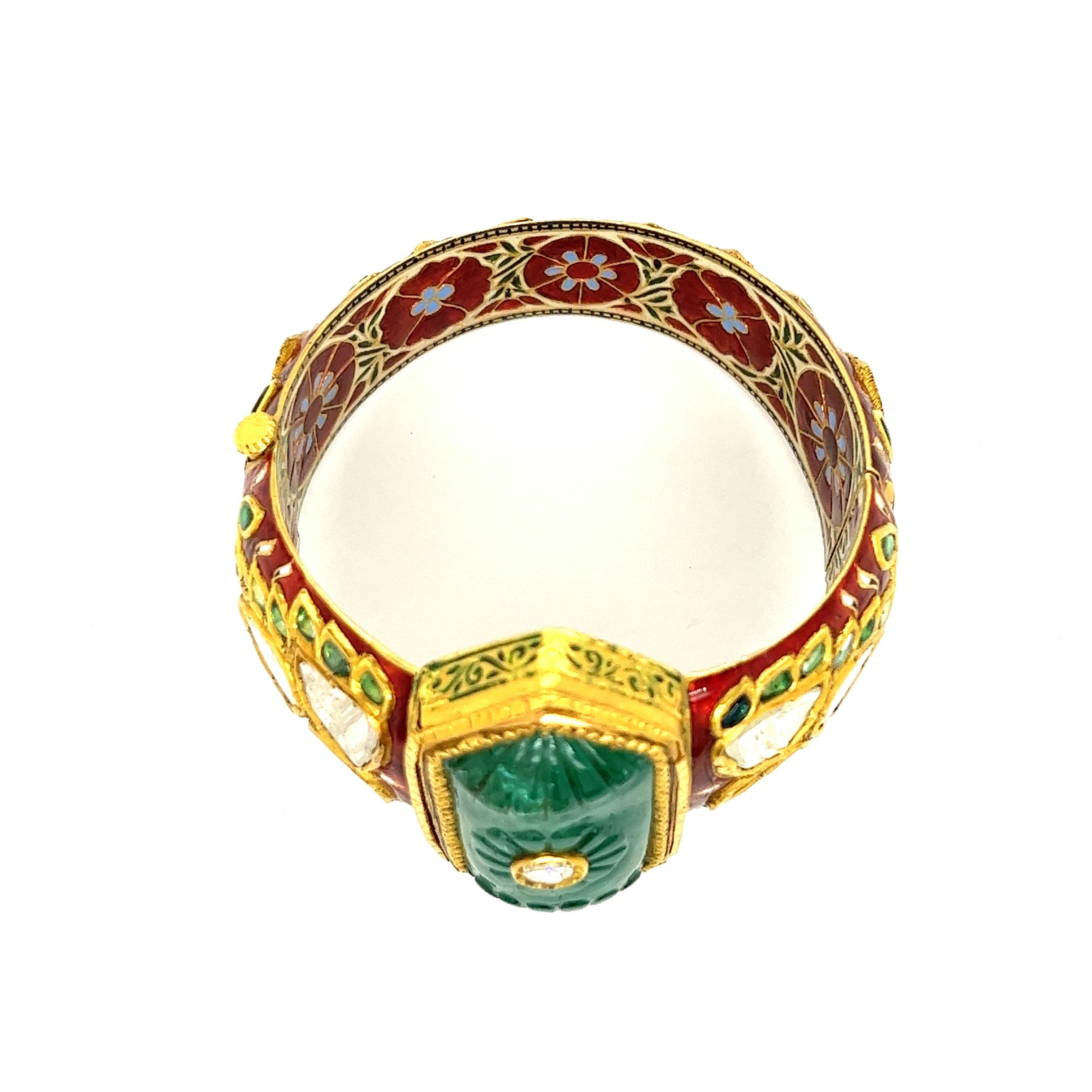 Indian Carved Emerald Diamond Enamel Bangle Bracelet For Sale 5