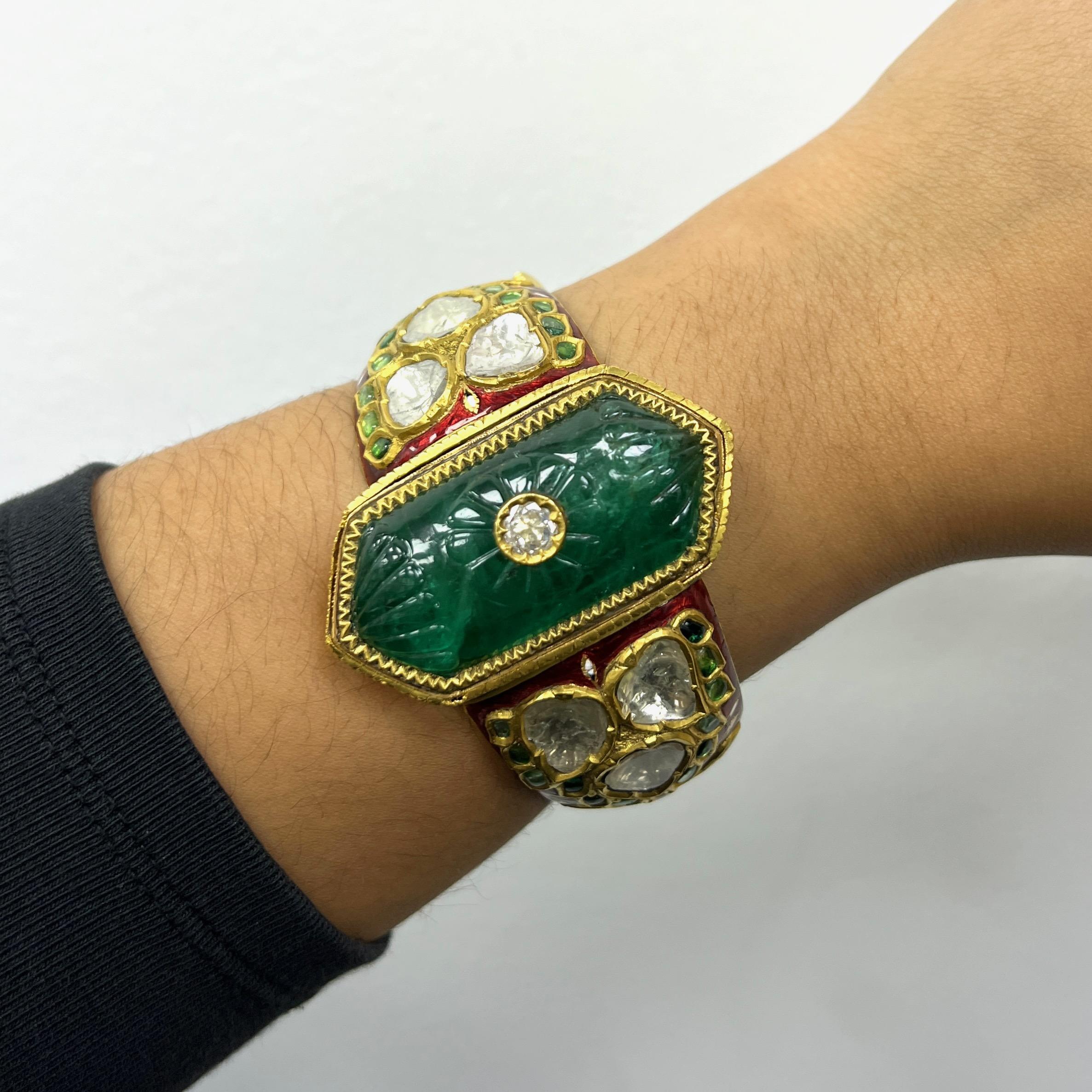 Indian Carved Emerald Diamond Enamel Bangle Bracelet For Sale 7