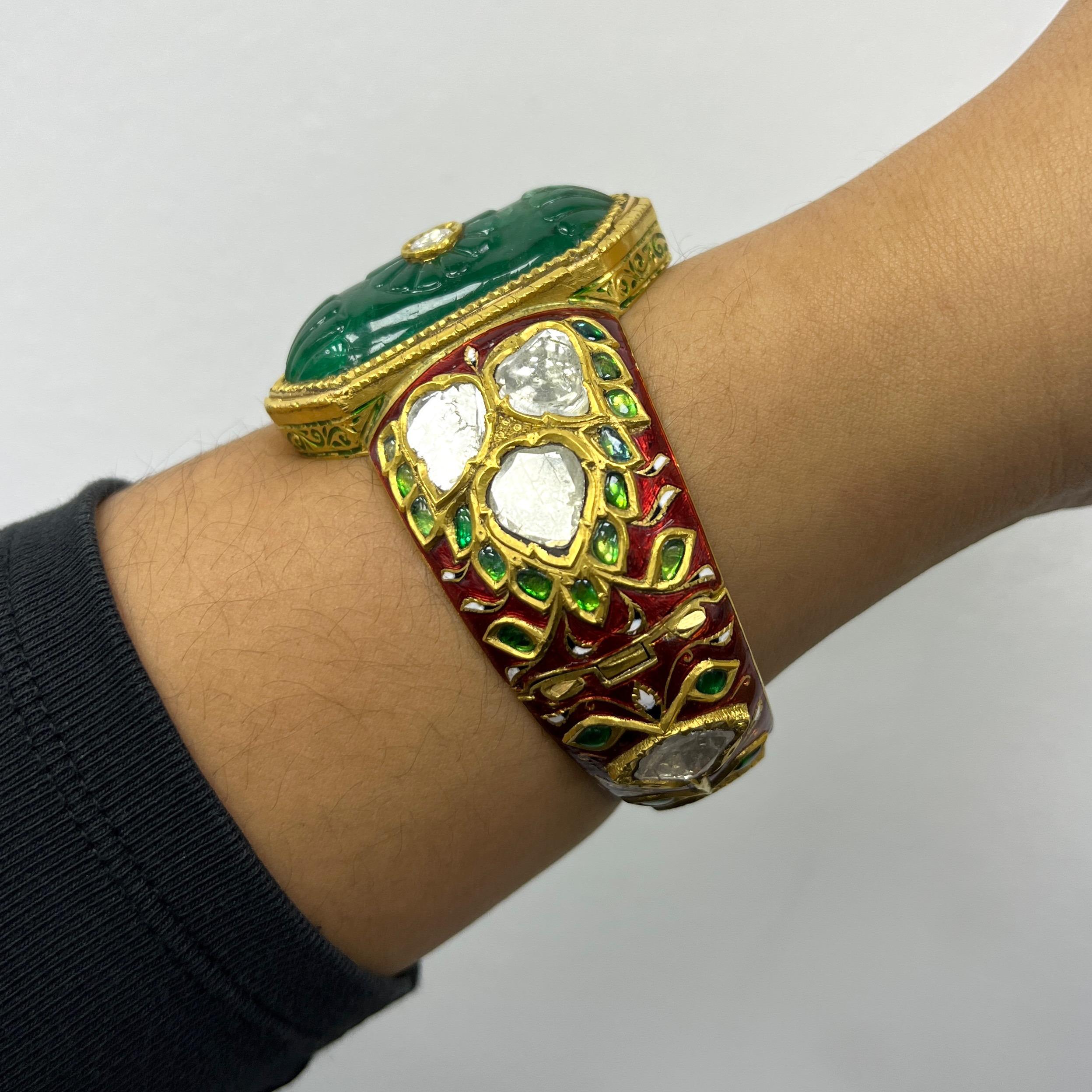 Indian Carved Emerald Diamond Enamel Bangle Bracelet For Sale 8