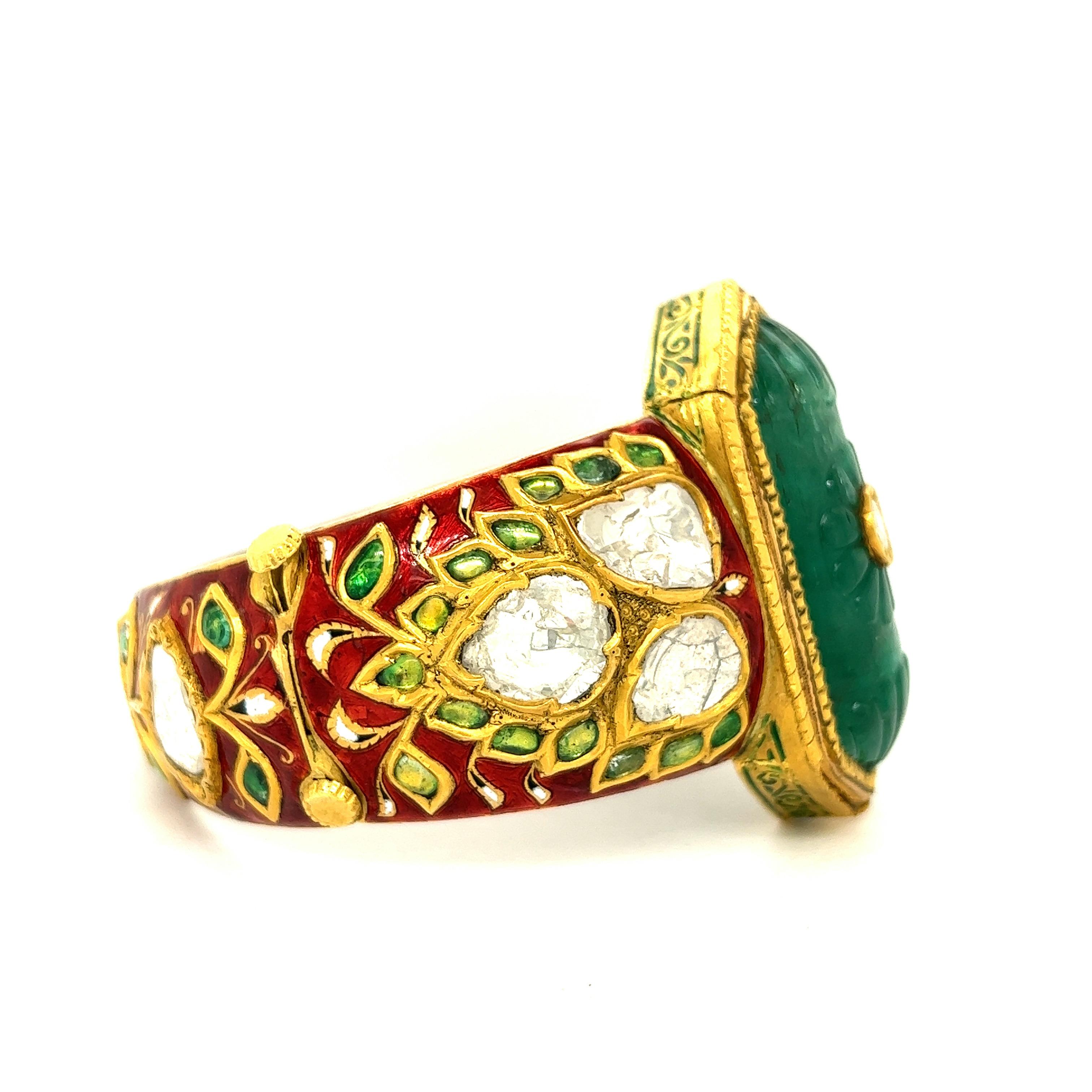 Rose Cut Indian Carved Emerald Diamond Enamel Bangle Bracelet For Sale