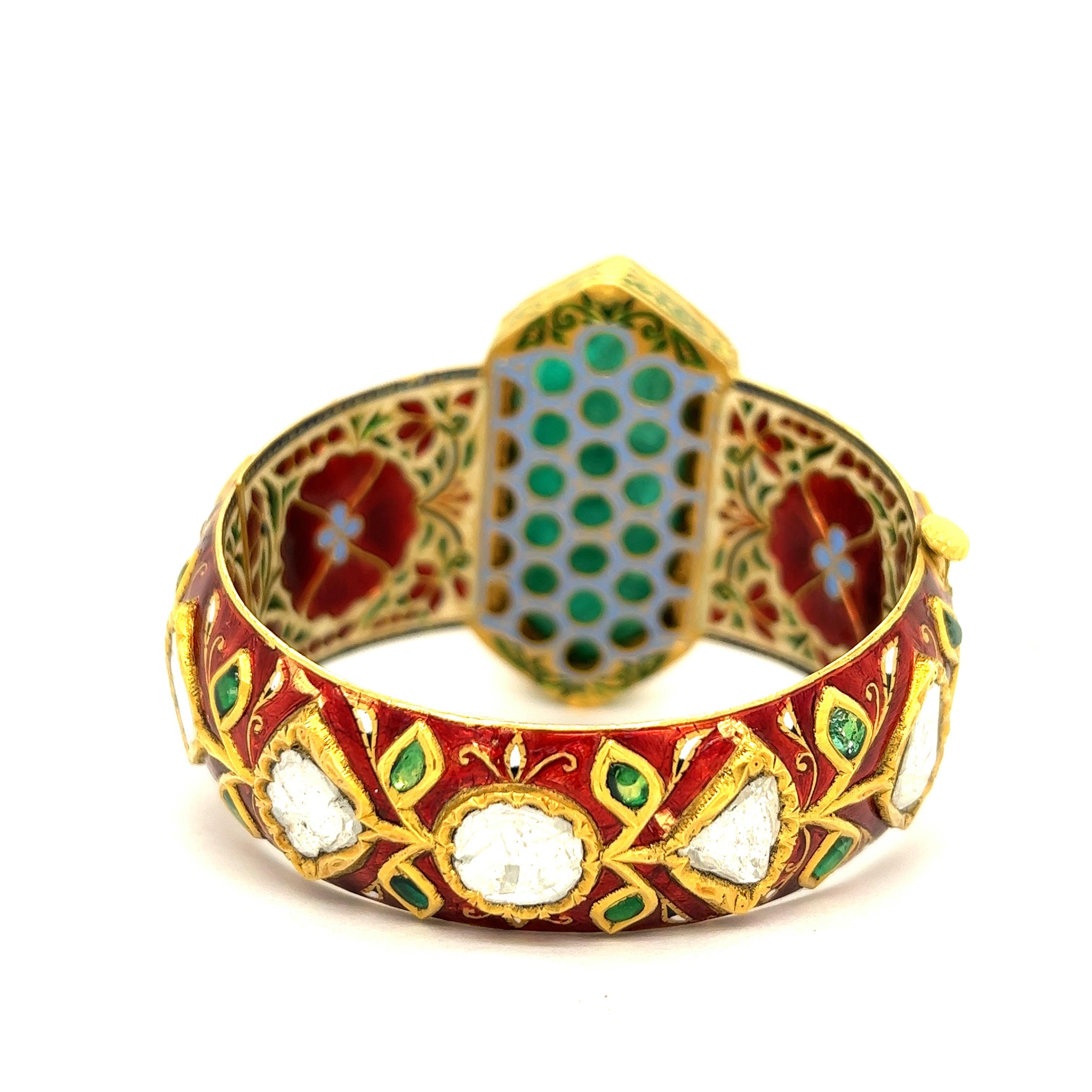 Women's Indian Carved Emerald Diamond Enamel Bangle Bracelet For Sale