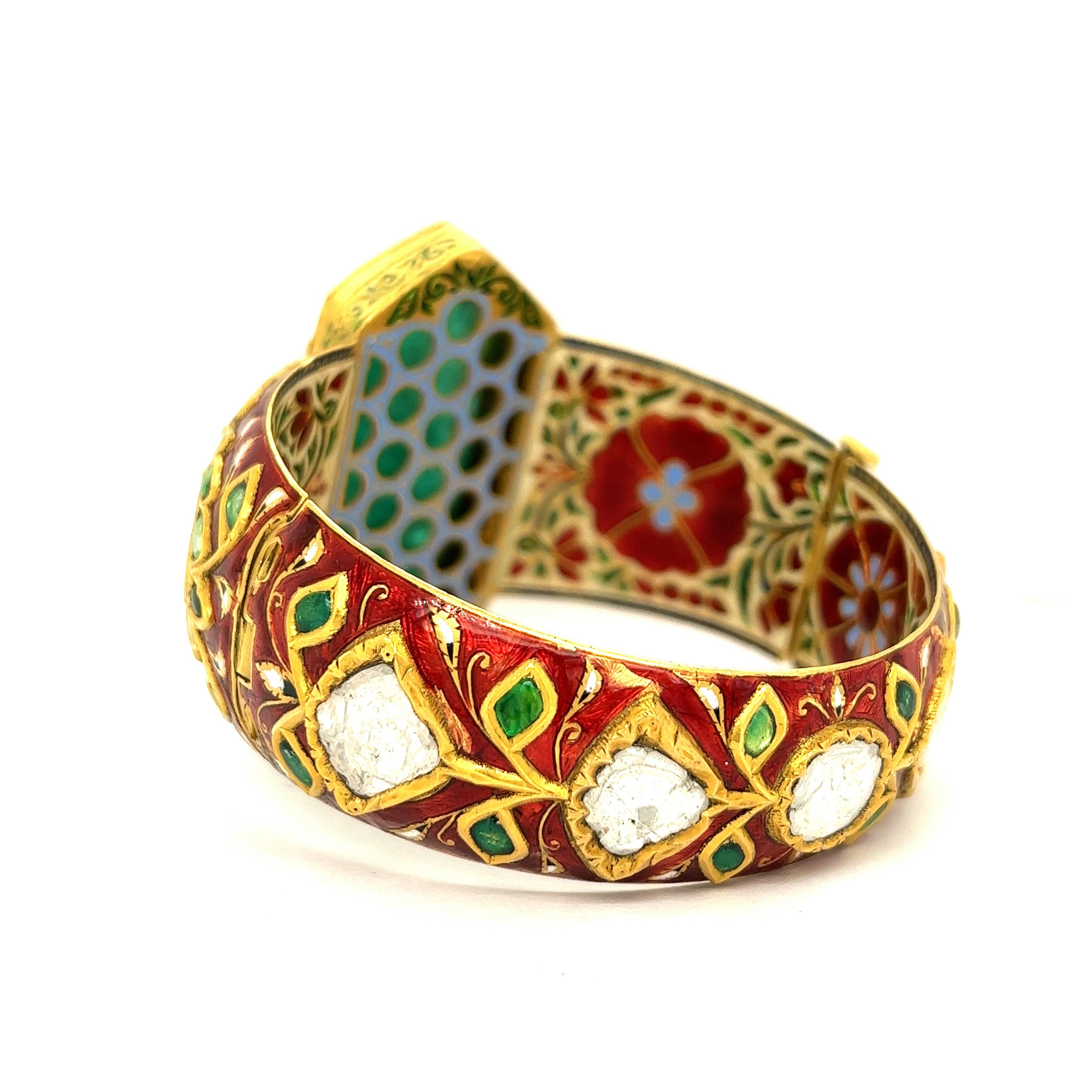 Indian Carved Emerald Diamond Enamel Bangle Bracelet For Sale 1