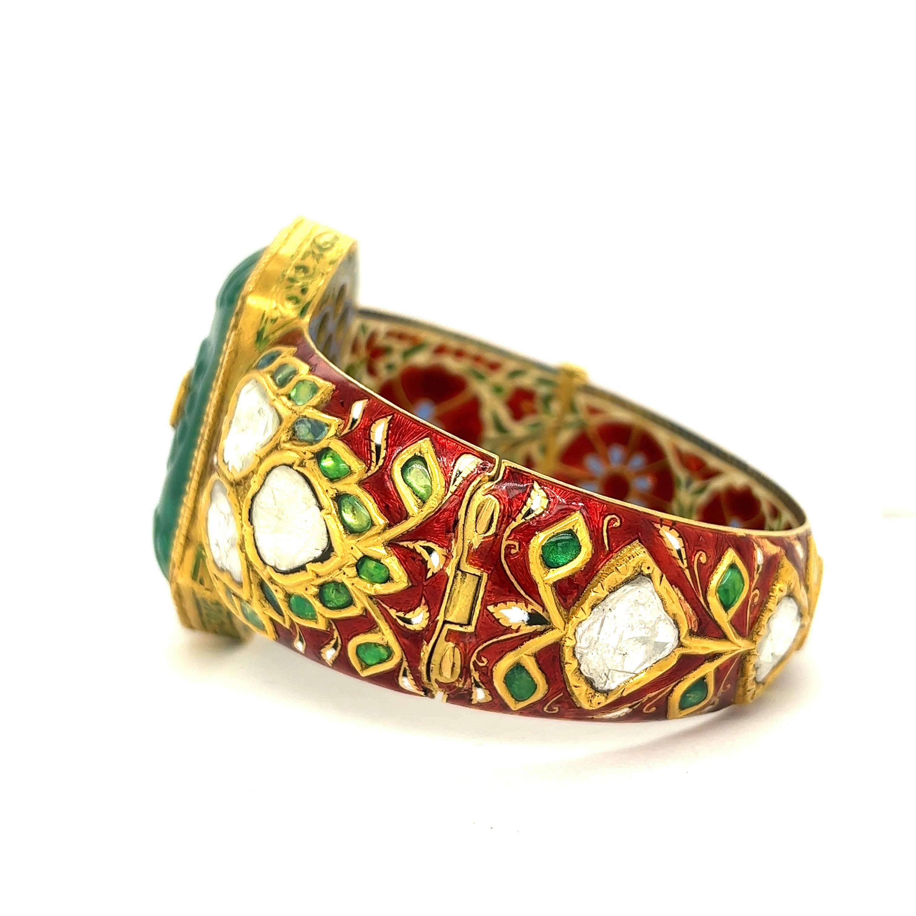 Indian Carved Emerald Diamond Enamel Bangle Bracelet For Sale 1
