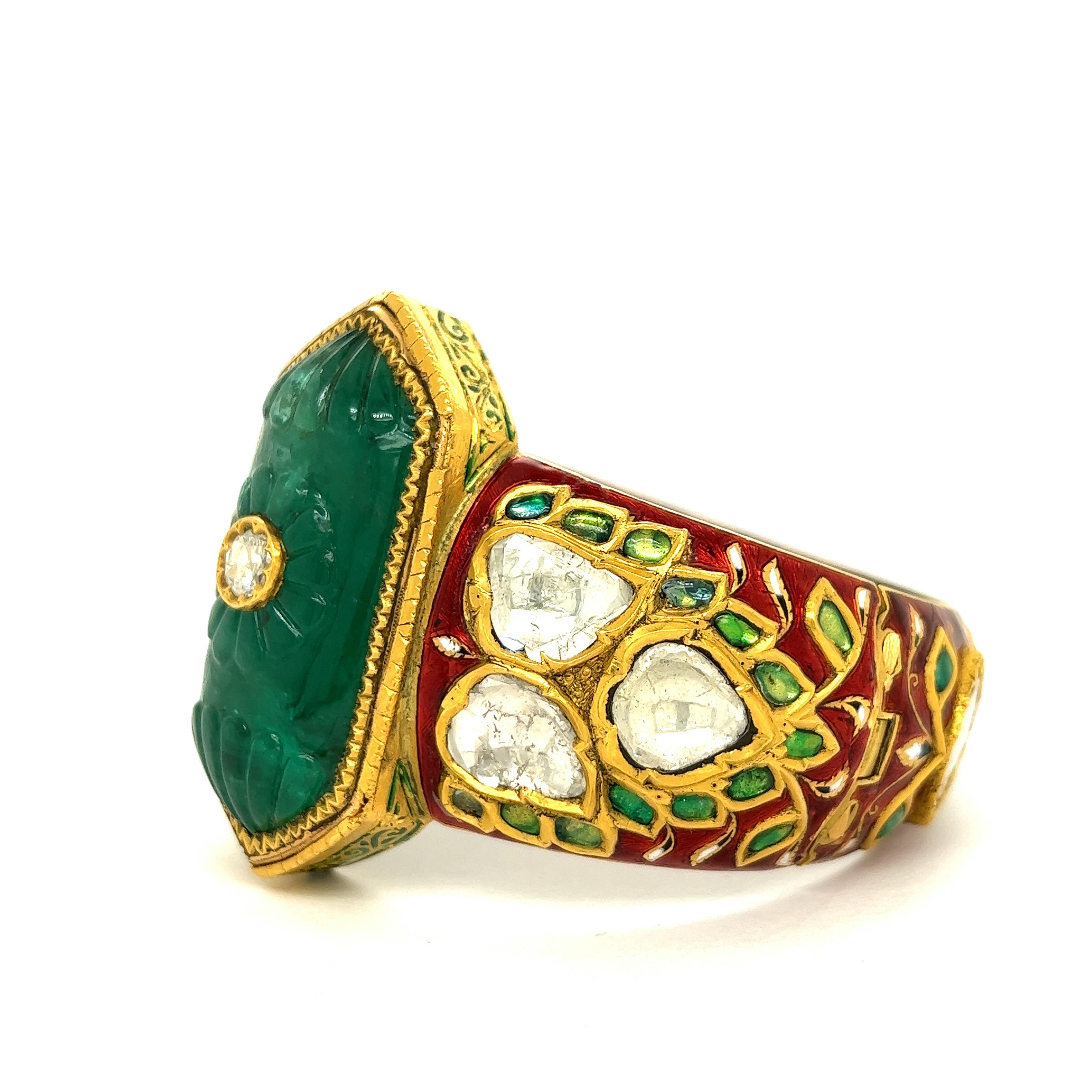 Indian Carved Emerald Diamond Enamel Bangle Bracelet For Sale 3