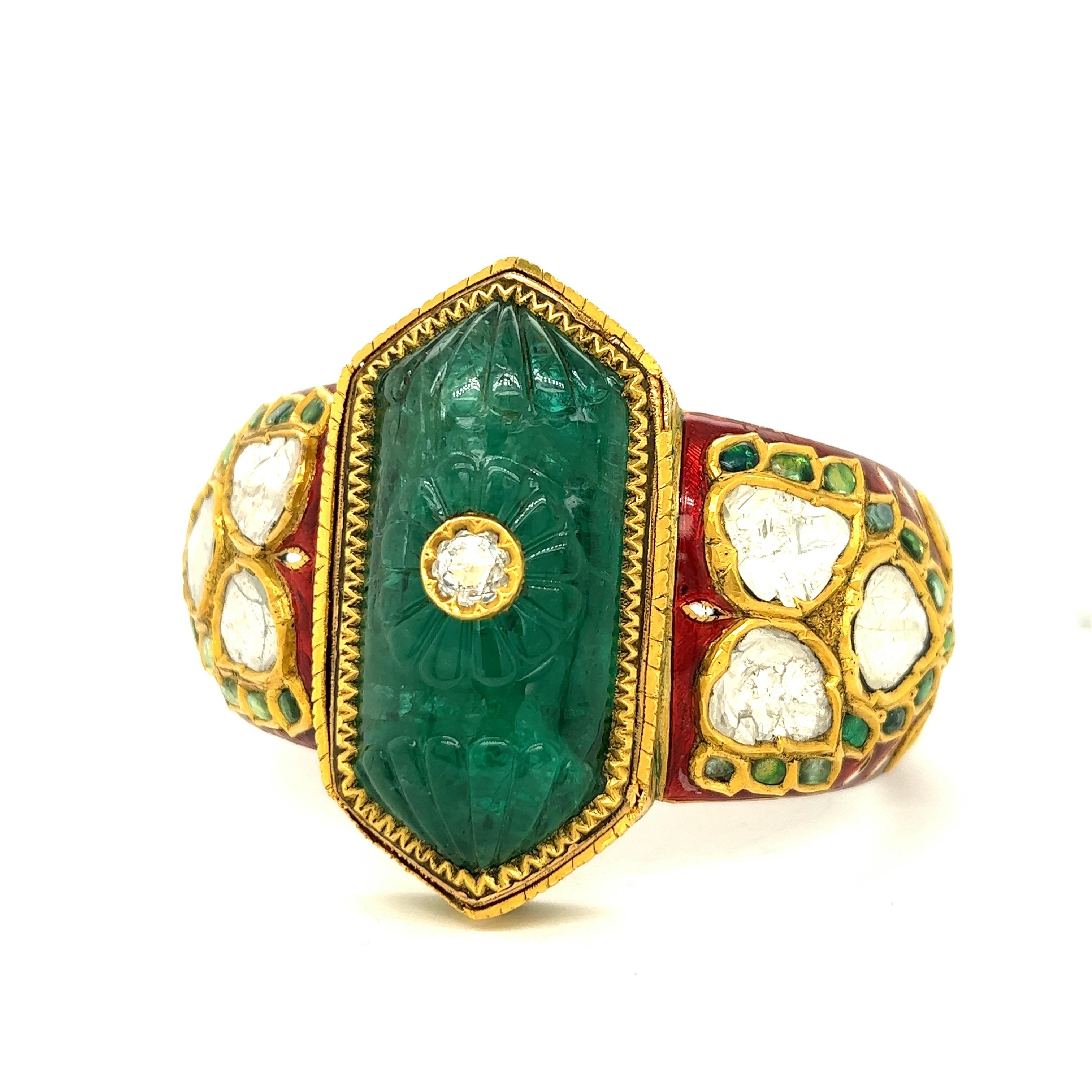 Indian Carved Emerald Diamond Enamel Bangle Bracelet For Sale 4